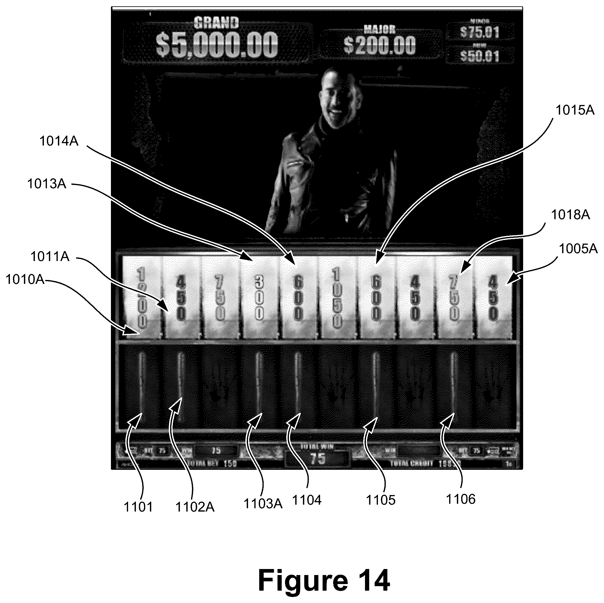 Patent US12165464 Figure 18 – Gaming device with a user interface incorporating a feature indicator