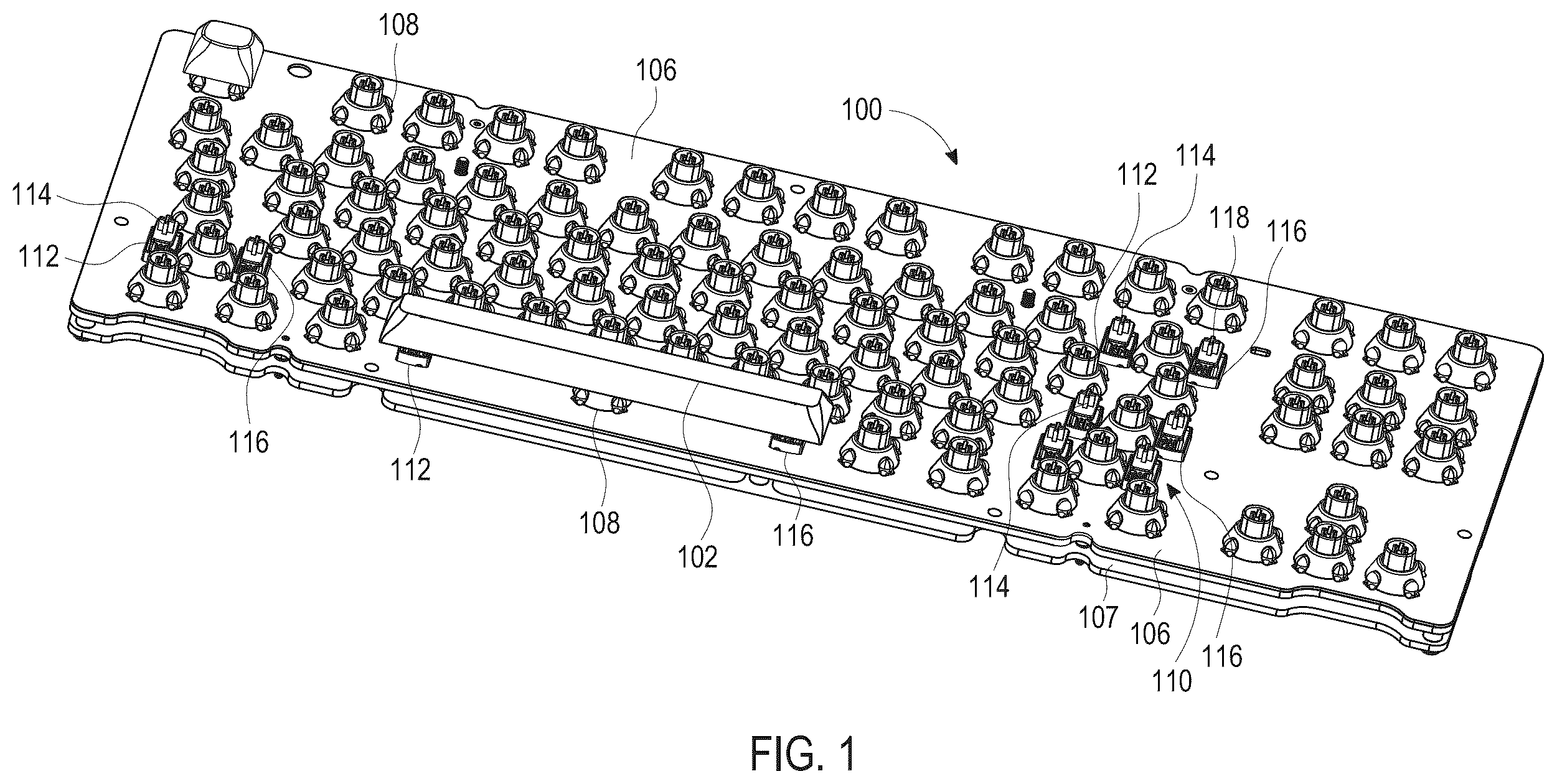 Patent US12165818 — Keyboard having a stabilizer mechanism, key stabilizer mechanism, and method — Figure 1