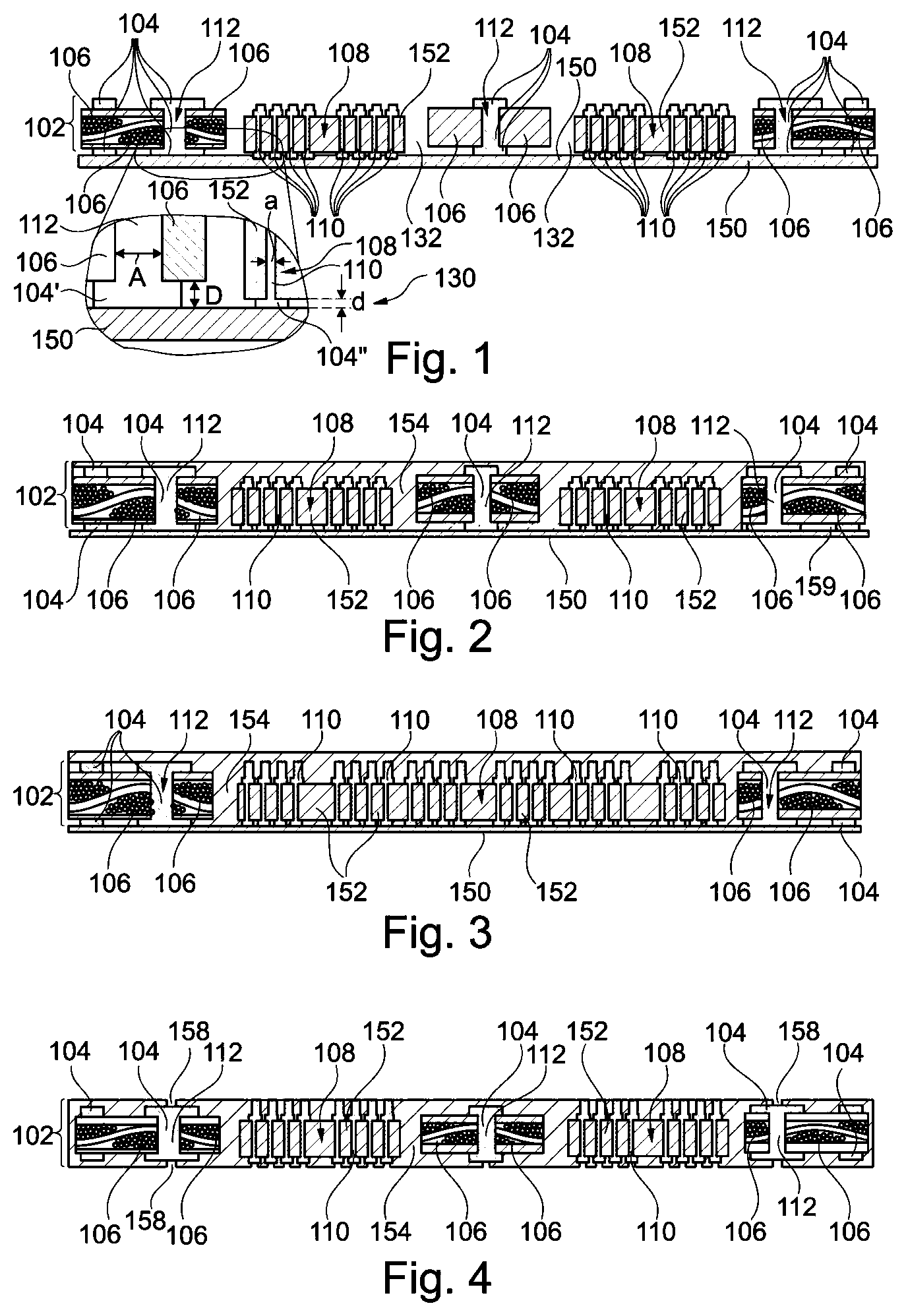 Patent US12165964 Figure 1 – Component carrier with embedded interposer laterally between electrically conductive structures of stack and method for manufacturing the component carrier