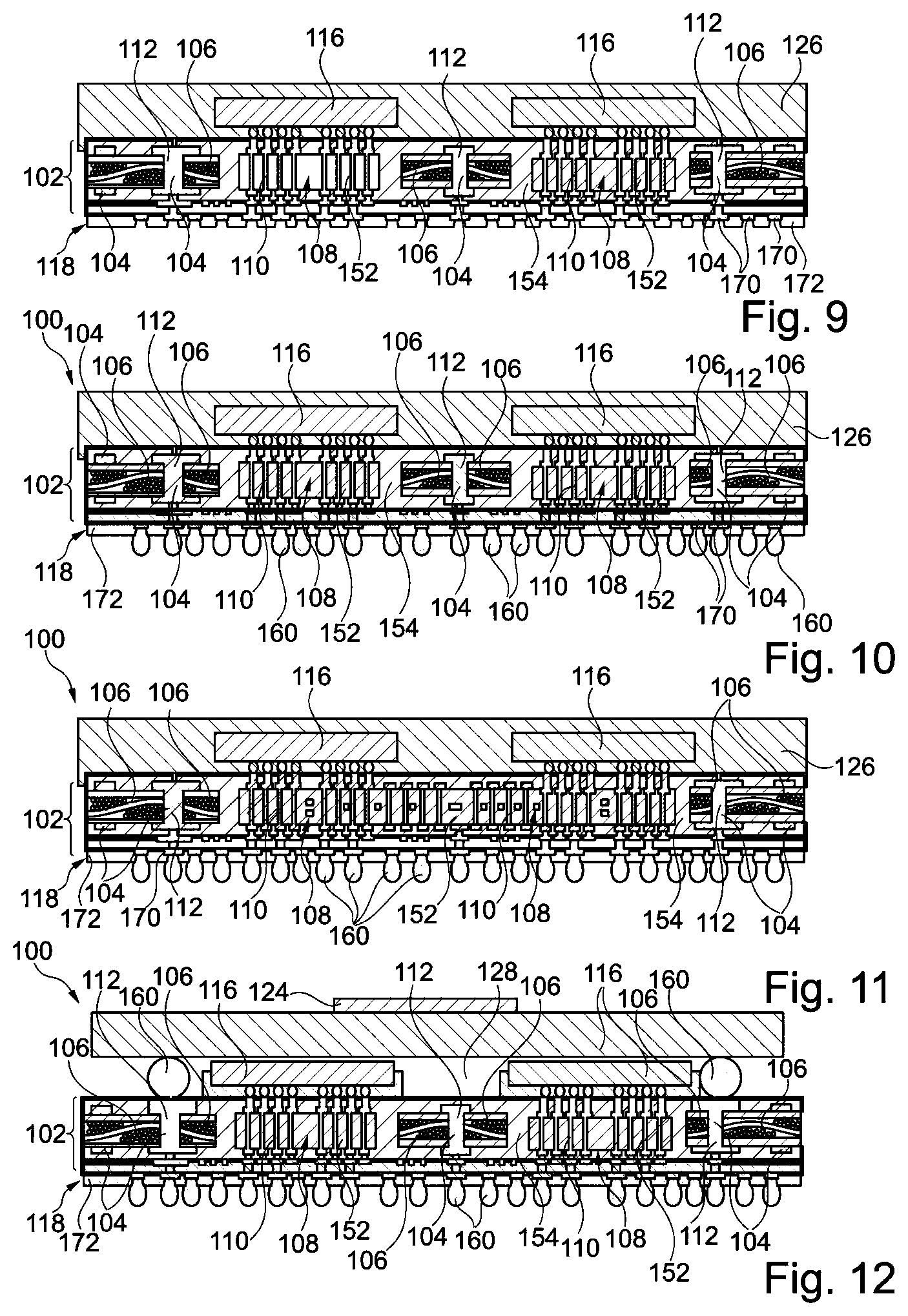 Patent US12165964 Figure 3 – Component carrier with embedded interposer laterally between electrically conductive structures of stack and method for manufacturing the component carrier