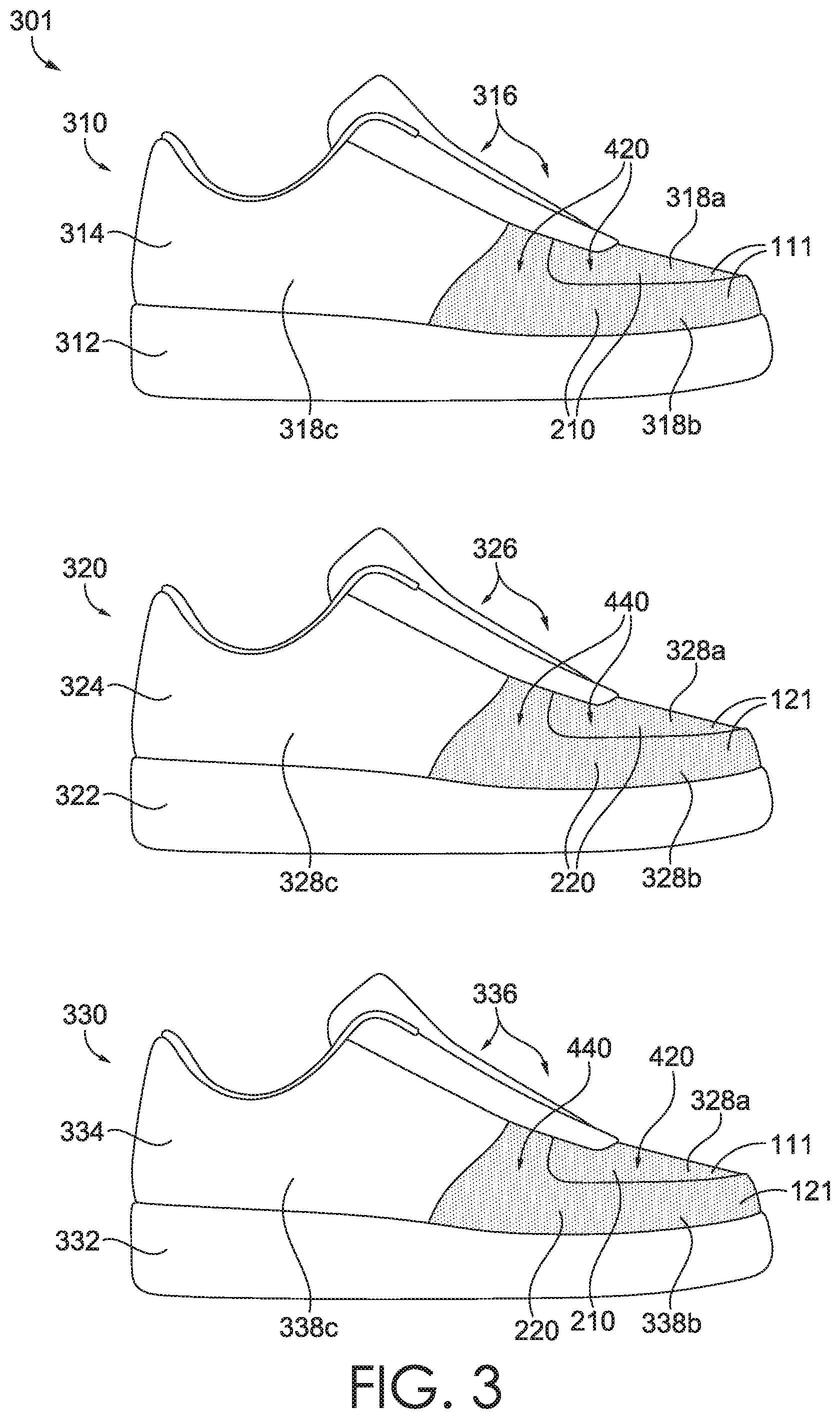 Patent US12167771 Figure 3 – Footwear article having repurposed material with concealing layer