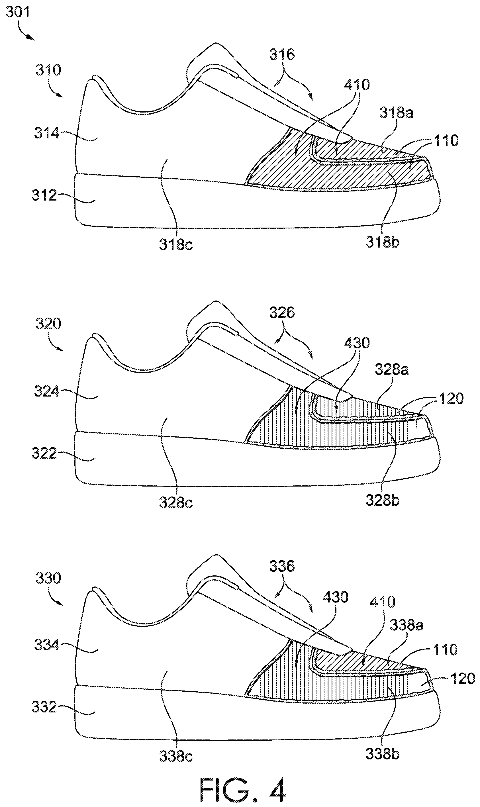 Patent US12167771 Figure 4 – Footwear article having repurposed material with concealing layer