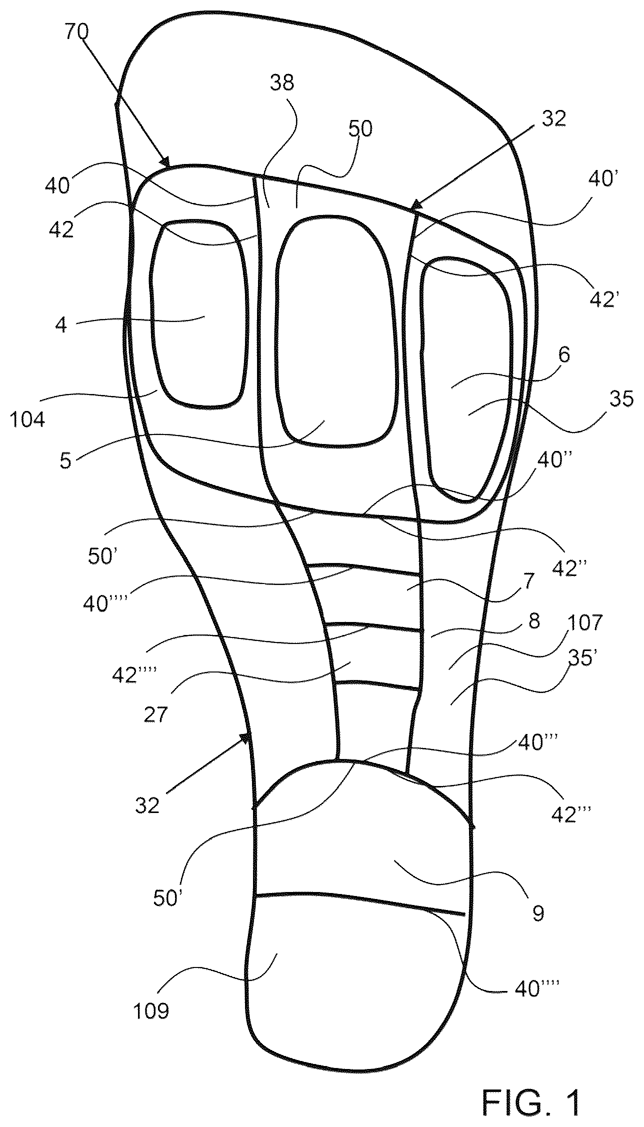 Patent US12167775 Figure 1 – Flexible forefoot protection for insoles and shoes