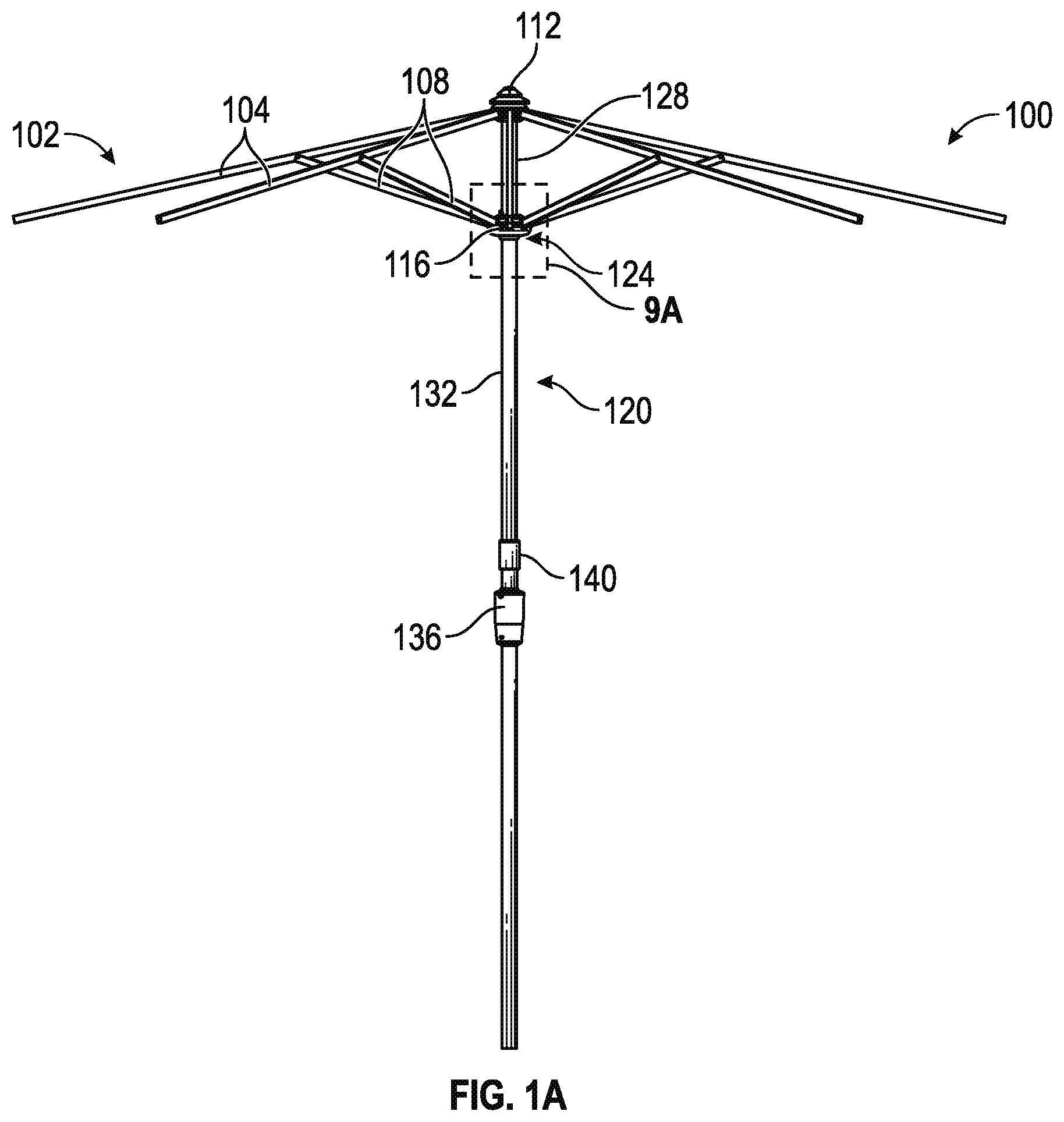 Patent US12167782 Figure 1 – Umbrella with hub reinforced tilt coupling