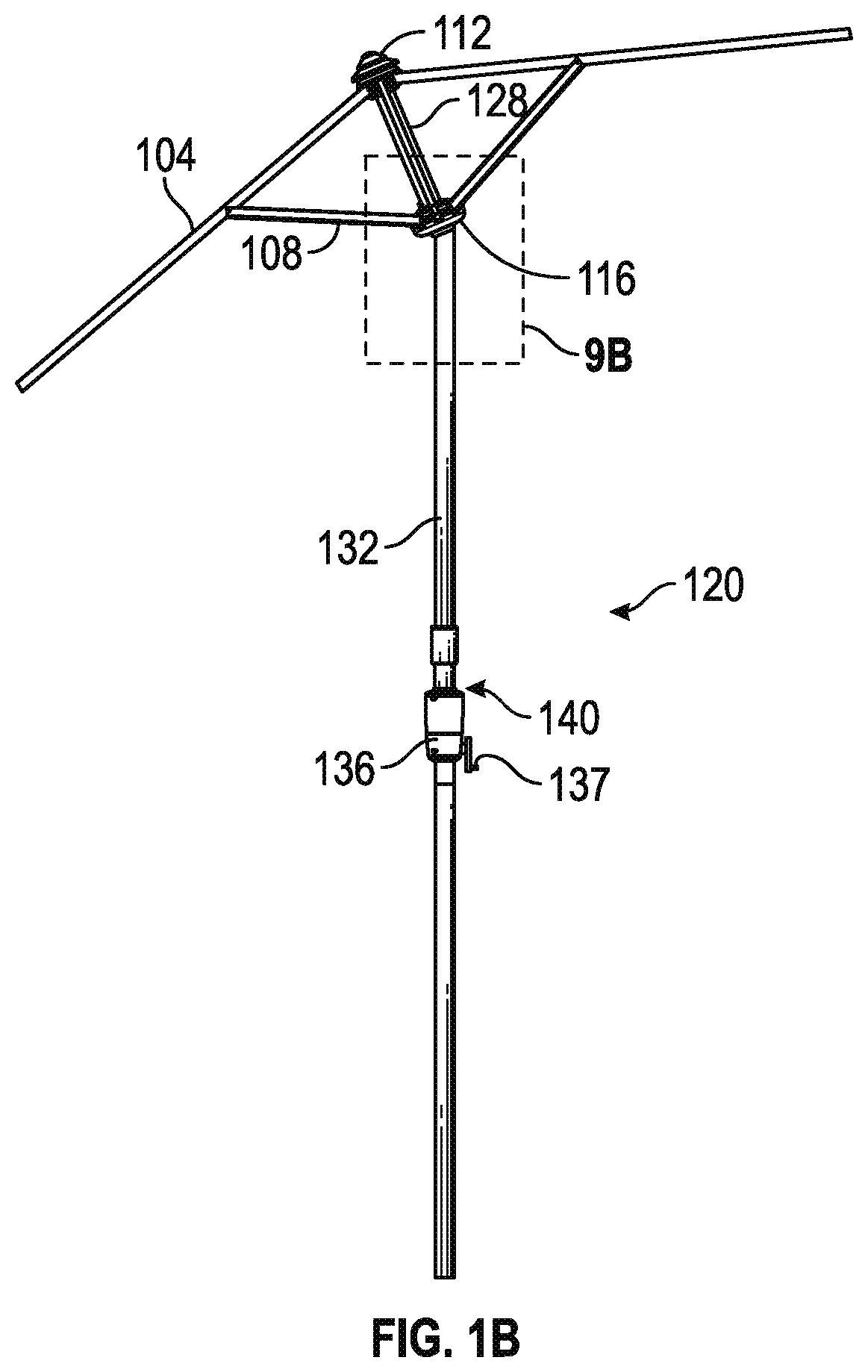Patent US12167782 Figure 2 – Umbrella with hub reinforced tilt coupling