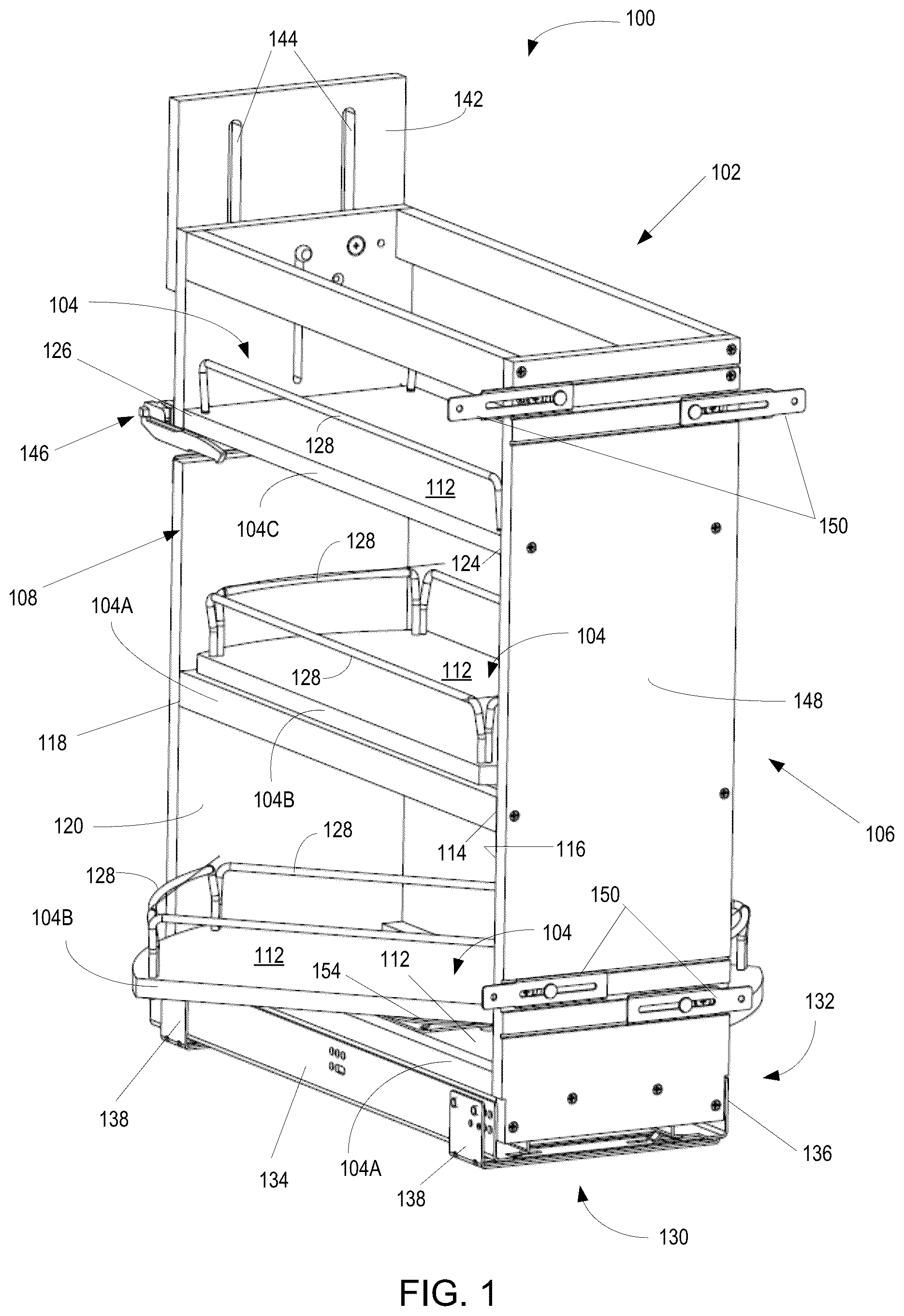 Patent US12167792 Figure 1 – Revolving shelf multi-shelf cabinet storage system