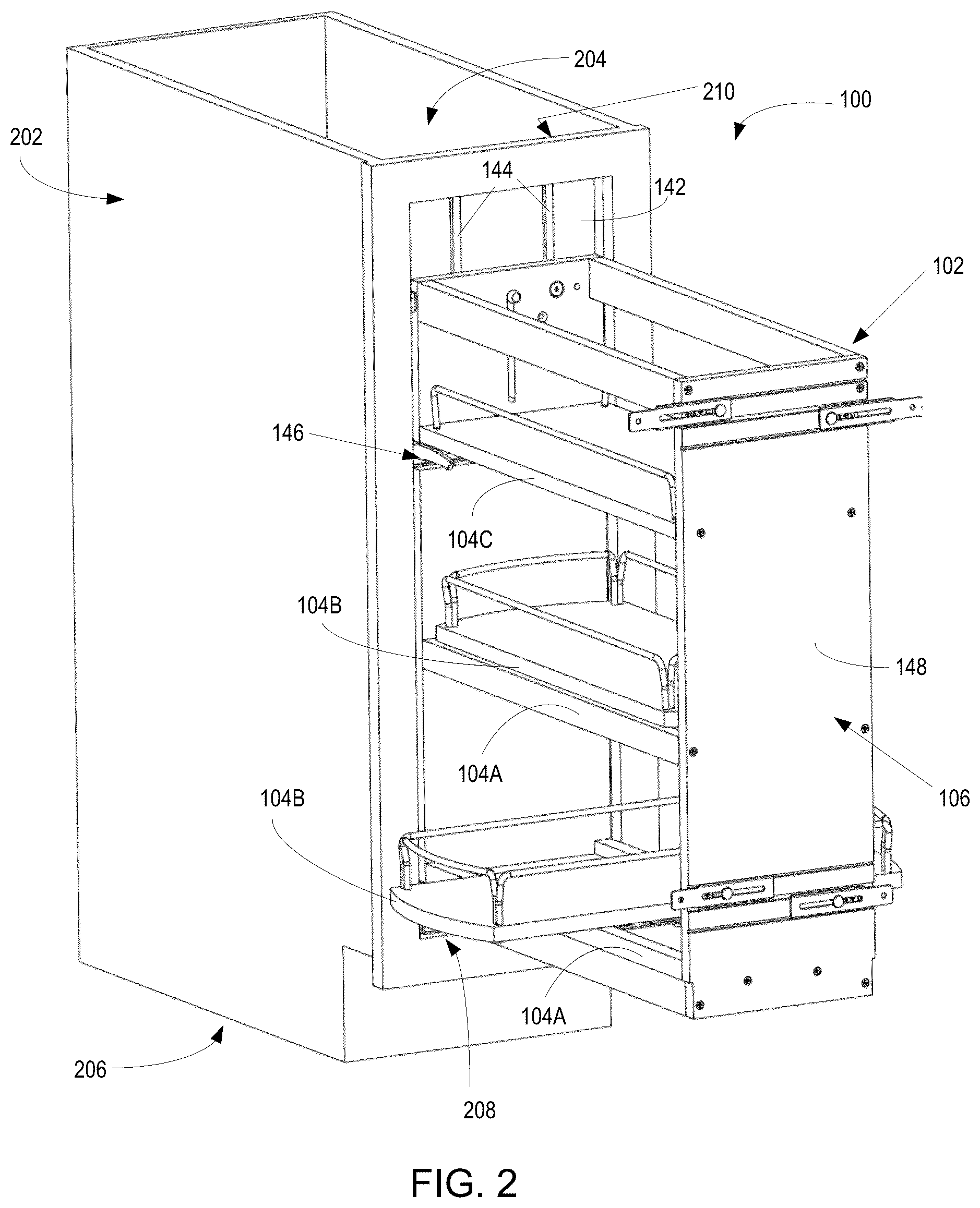 Patent US12167792 Figure 2 – Revolving shelf multi-shelf cabinet storage system