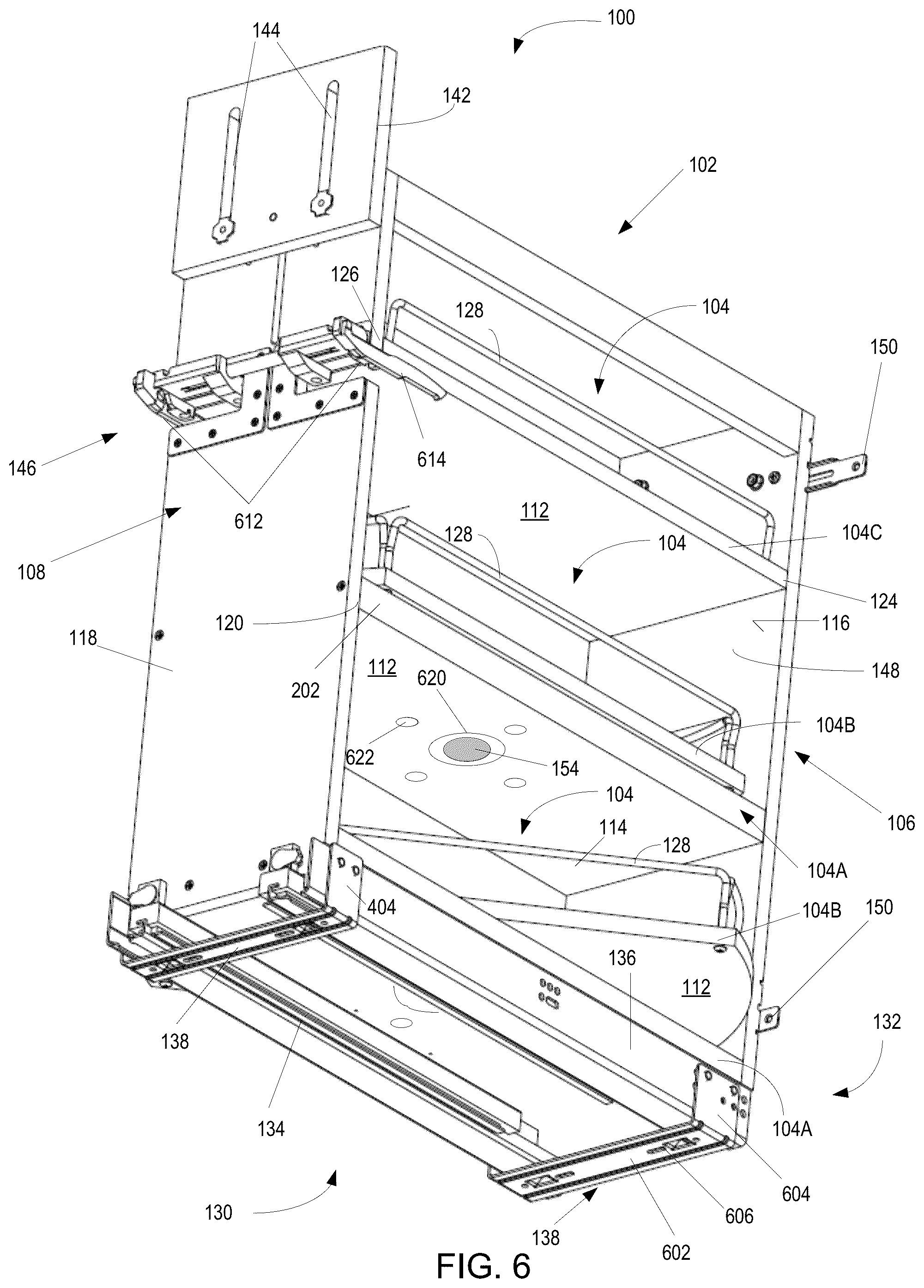Patent US12167792 Figure 6 – Revolving shelf multi-shelf cabinet storage system