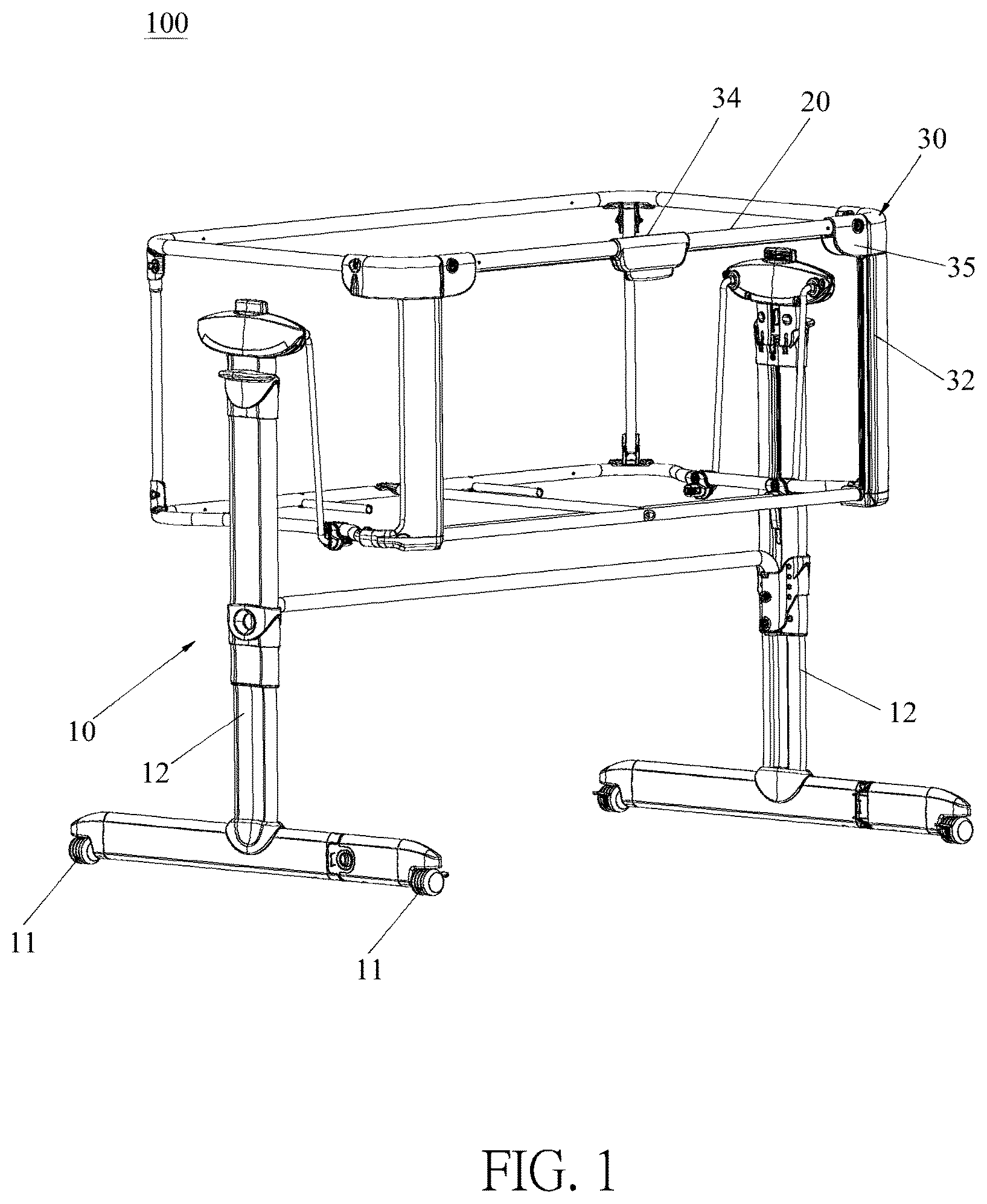 Patent US12167800 Figure 1 – Handle adjustment mechanism and child crib therewith