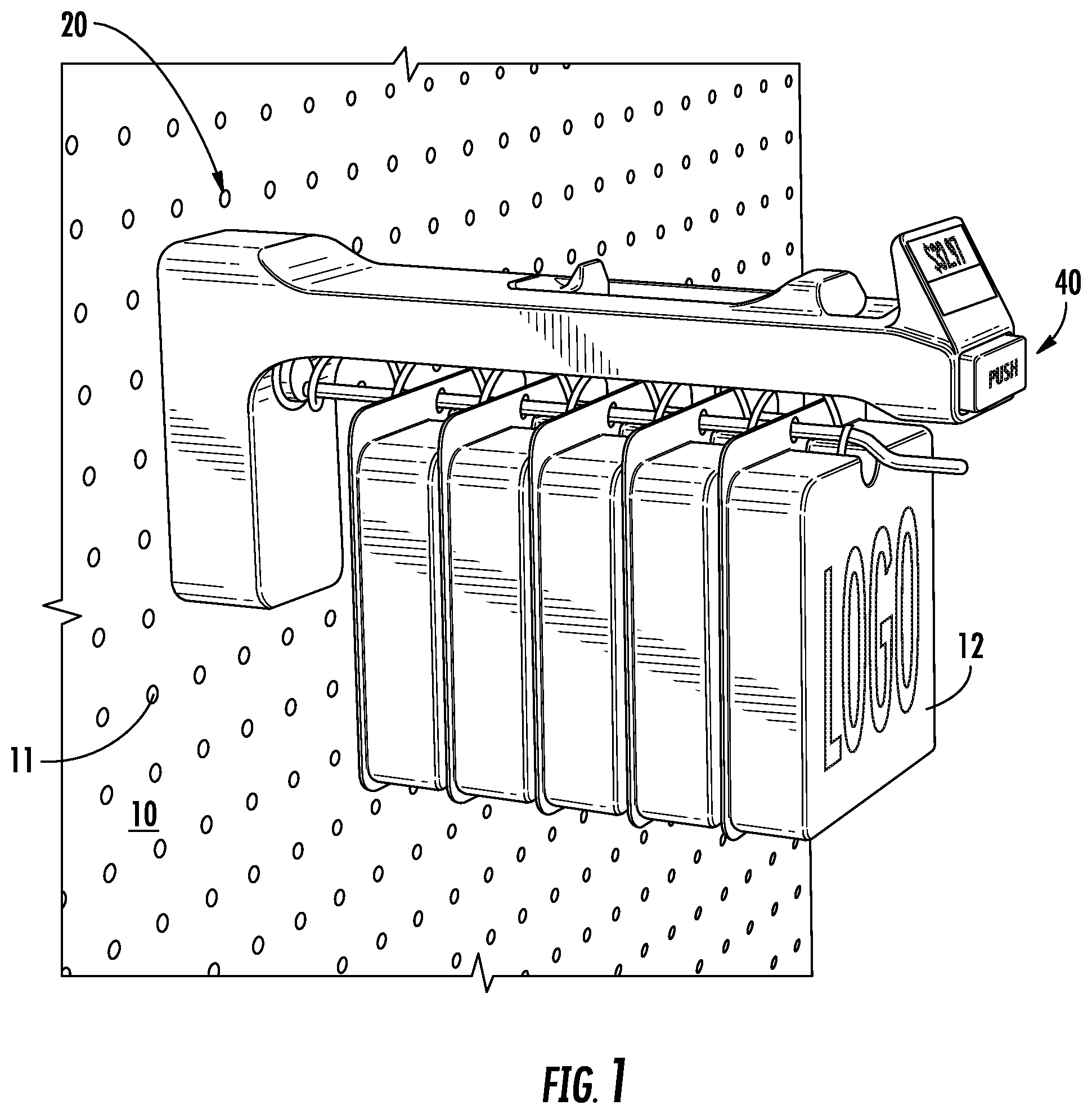 Patent US12167801 Figure 1 – Merchandise display hook including anti-sweep mechanism