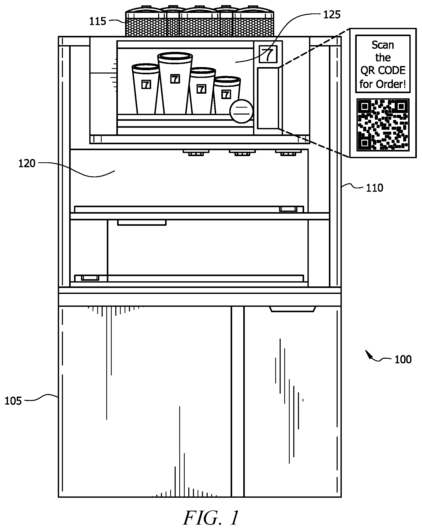 Patent US12167811 Figure 1 – Coffee machine with robotic arms and a lift traveling between platform levels