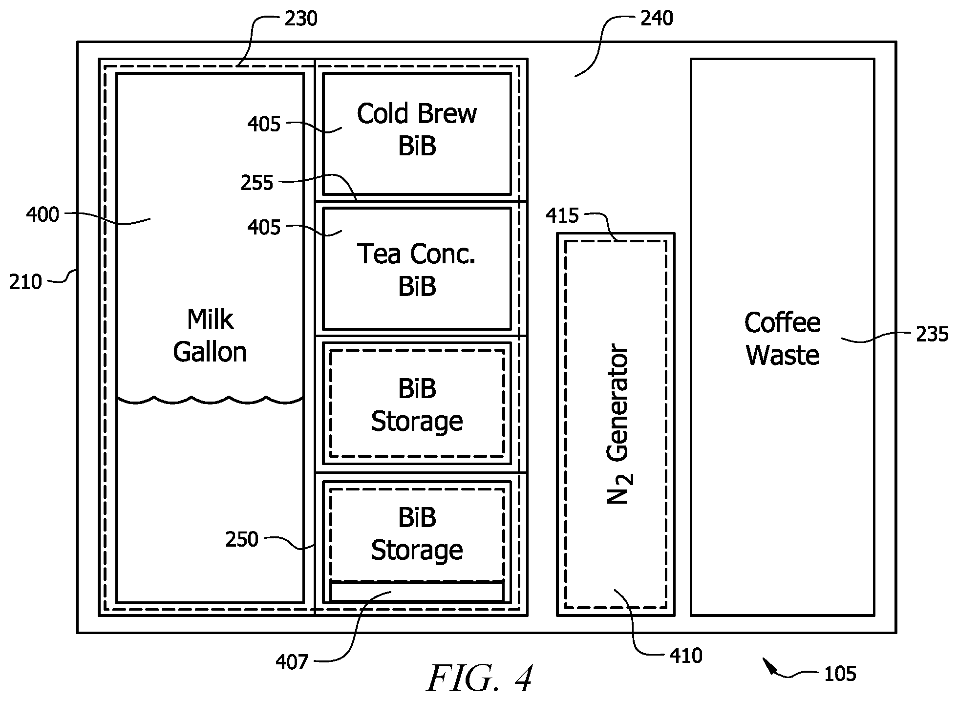 Patent US12167811 Figure 3 – Coffee machine with robotic arms and a lift traveling between platform levels