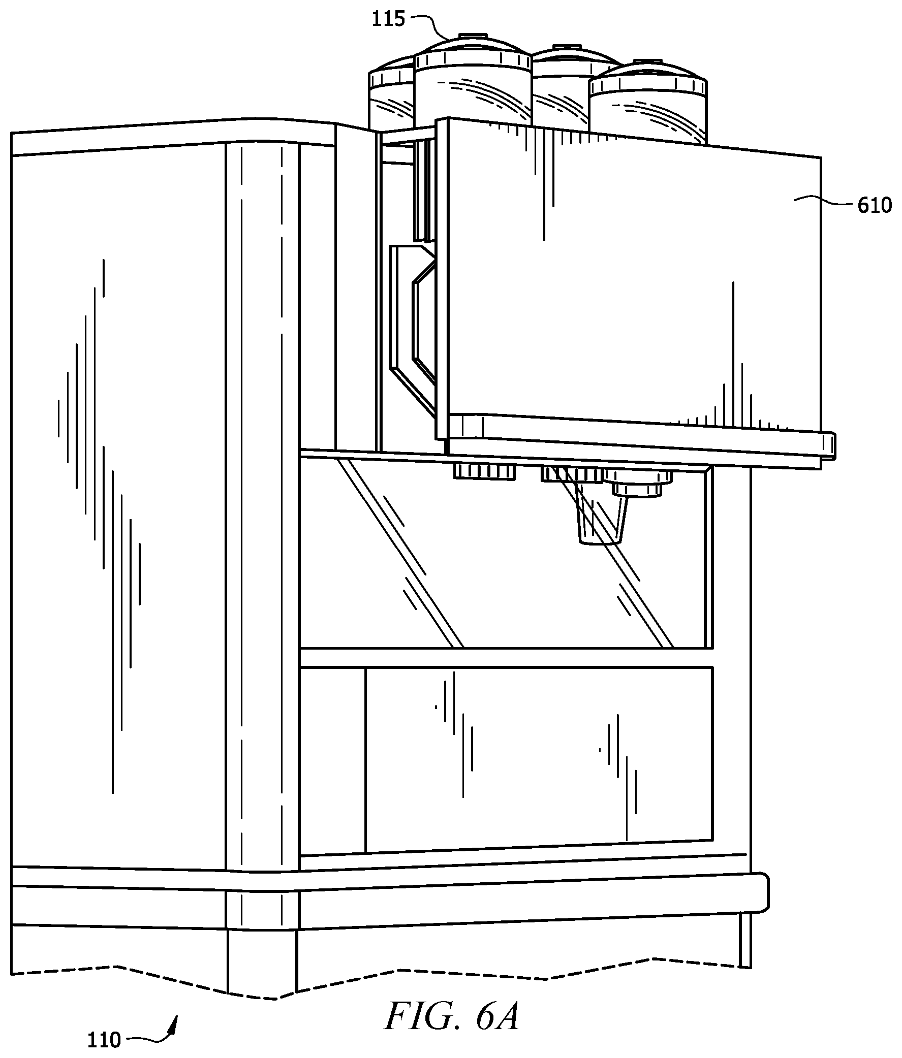 Patent US12167811 Figure 5 – Coffee machine with robotic arms and a lift traveling between platform levels
