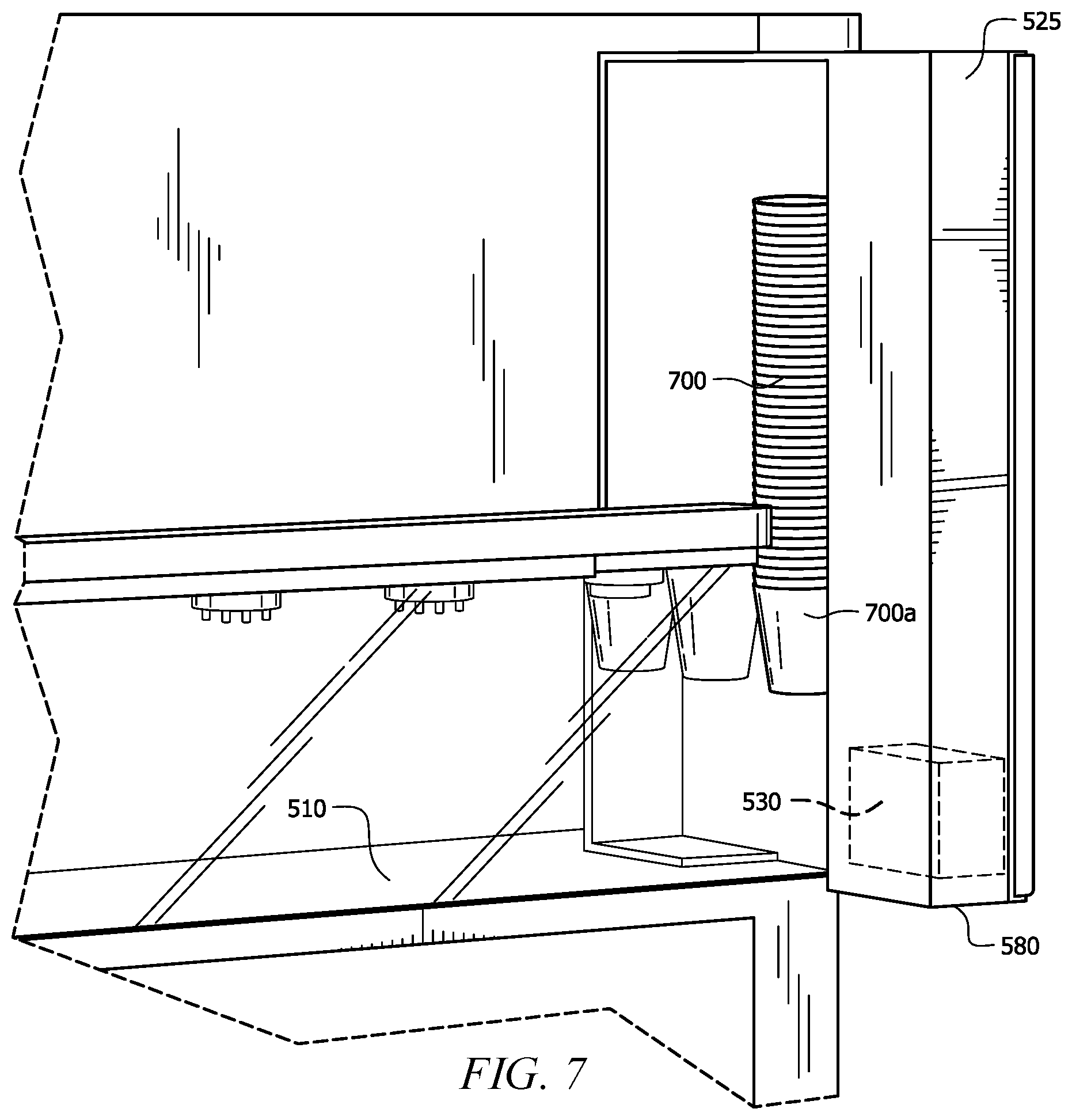Patent US12167811 Figure 7 – Coffee machine with robotic arms and a lift traveling between platform levels