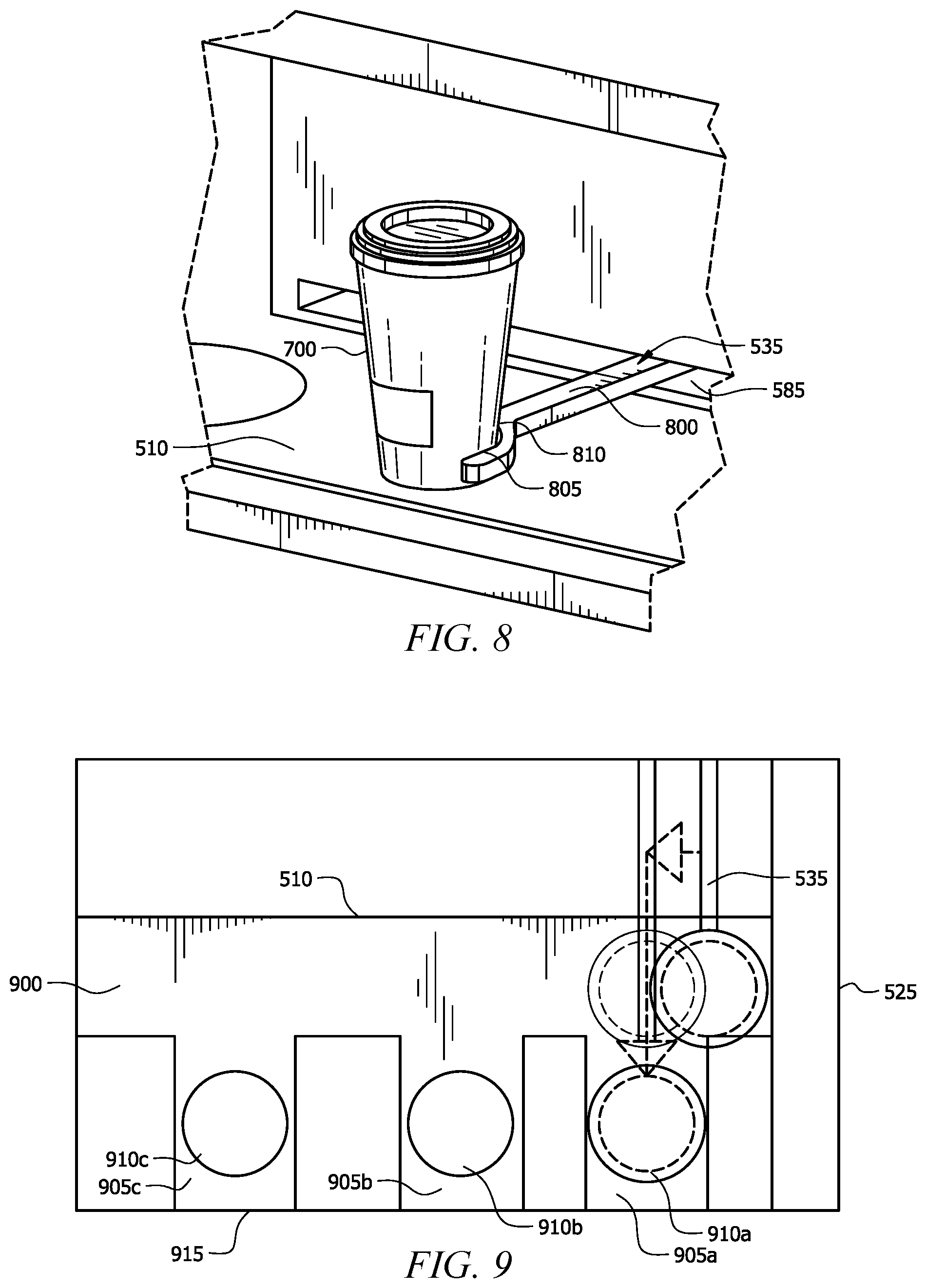 Patent US12167811 Figure 8 – Coffee machine with robotic arms and a lift traveling between platform levels