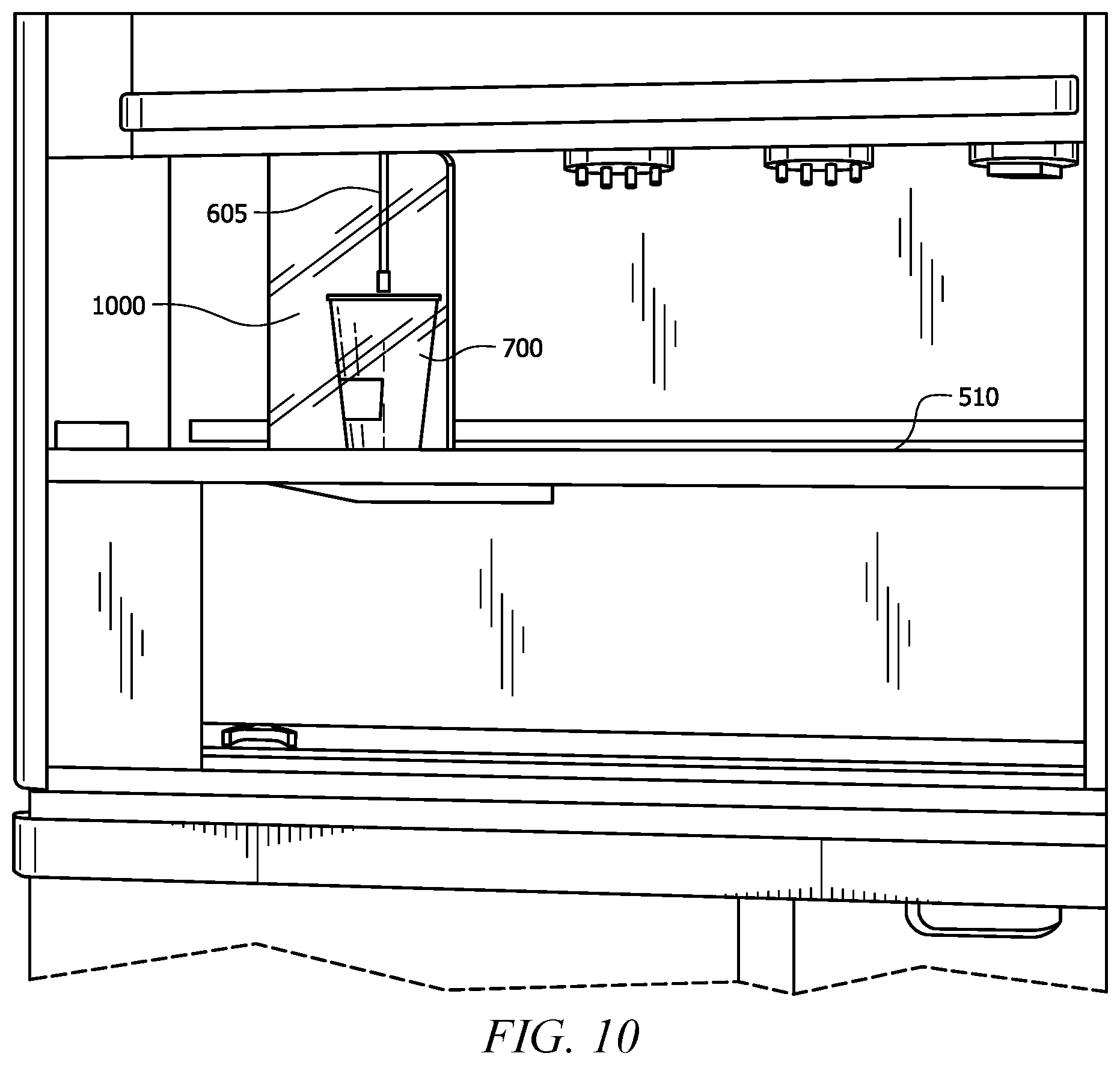 Patent US12167811 Figure 9 – Coffee machine with robotic arms and a lift traveling between platform levels