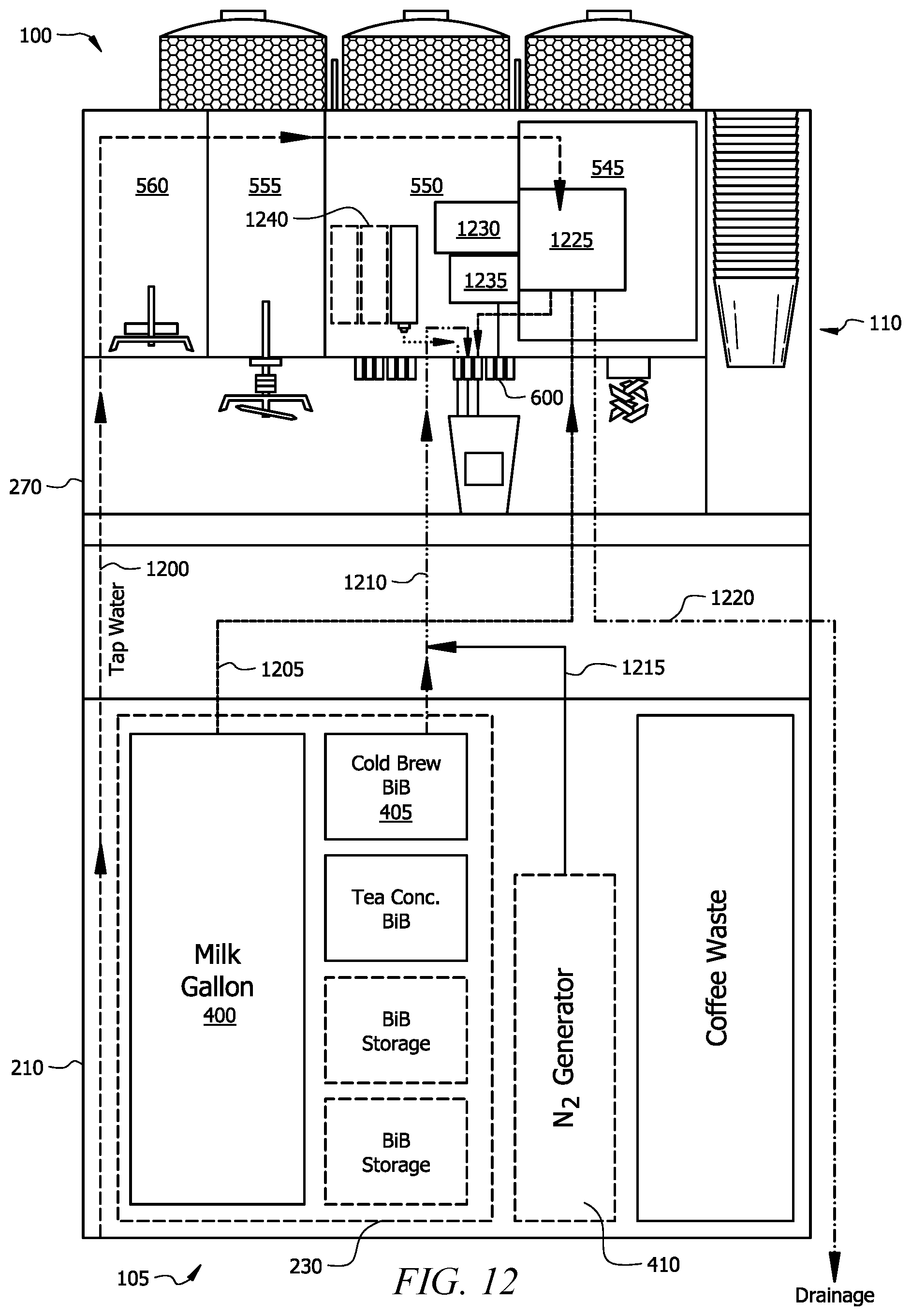 Patent US12167811 Figure 11 – Coffee machine with robotic arms and a lift traveling between platform levels