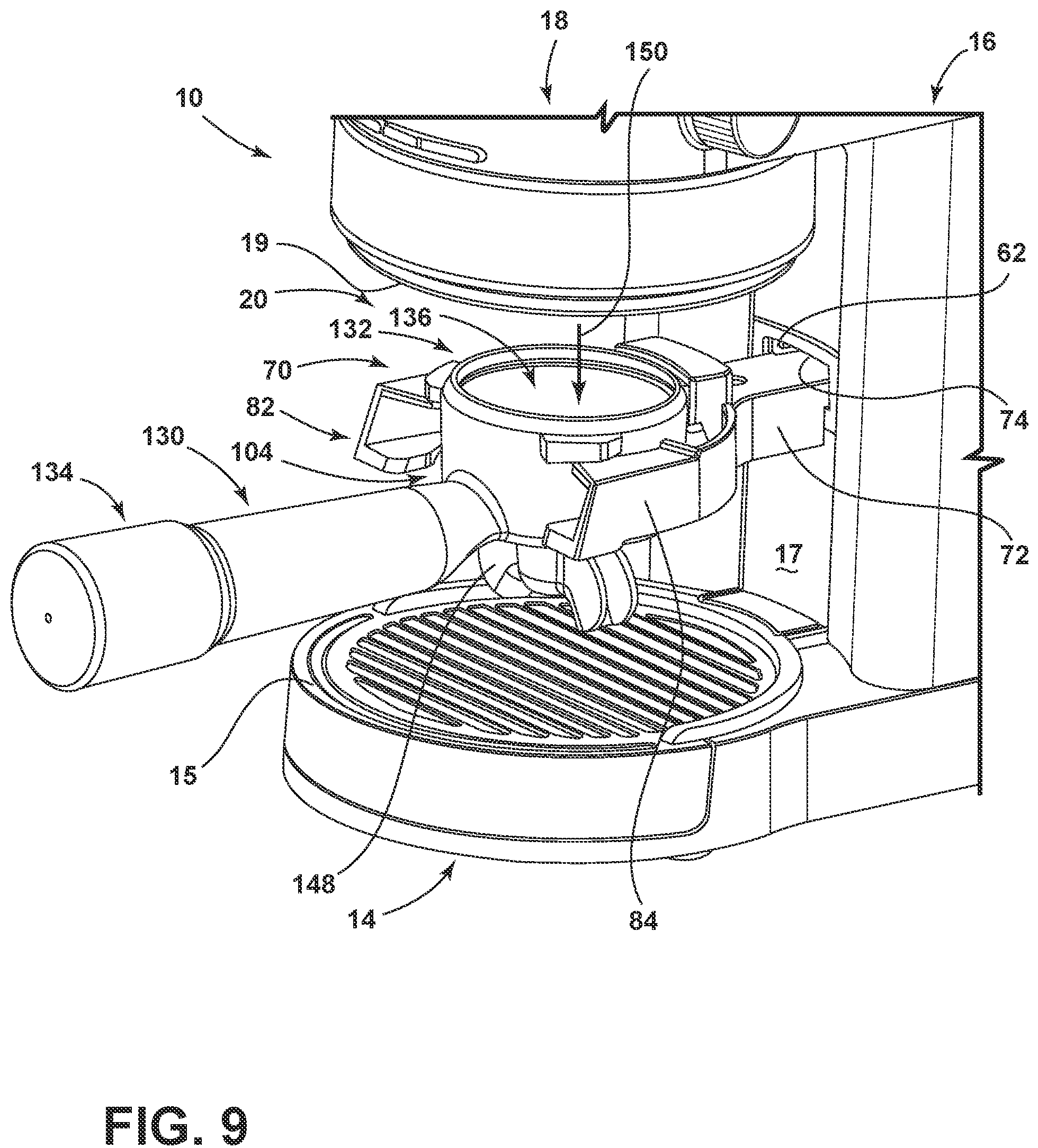 Patent US12167815 Figure 10 – Coffee grinding apparatus with portafilter holder assembly