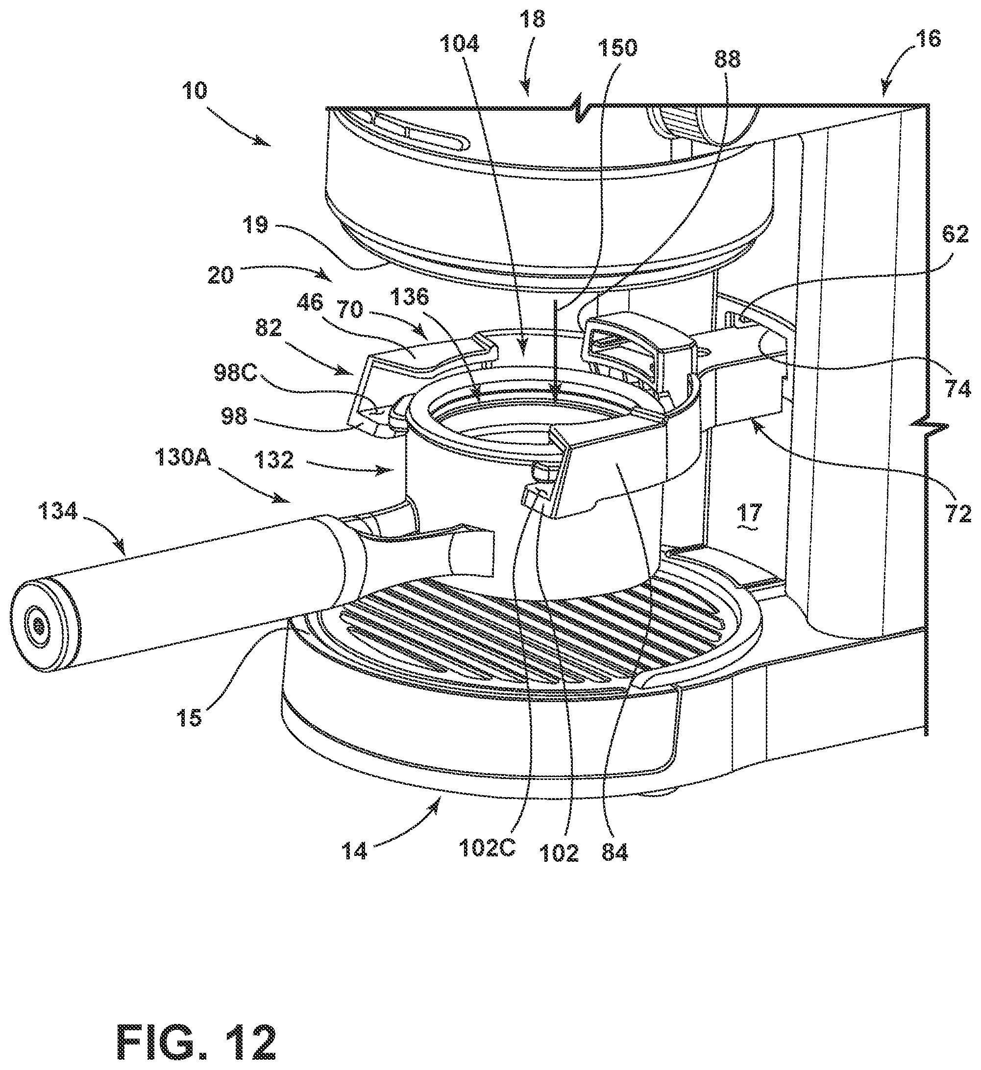 Patent US12167815 Figure 13 – Coffee grinding apparatus with portafilter holder assembly