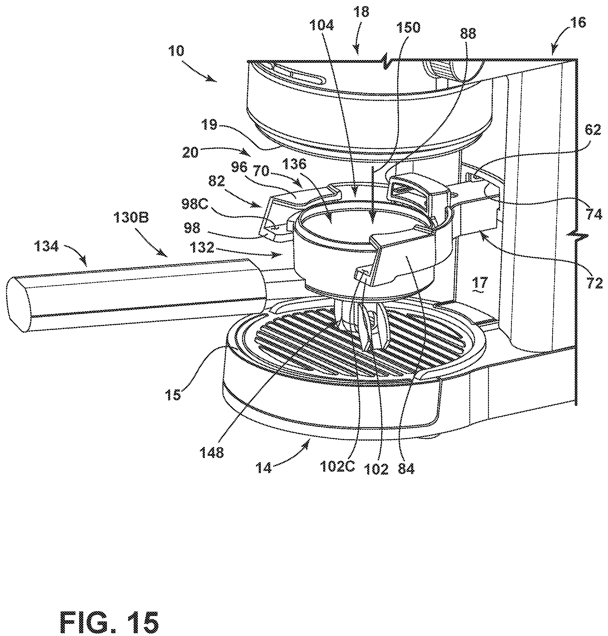 Patent US12167815 Figure 16 – Coffee grinding apparatus with portafilter holder assembly
