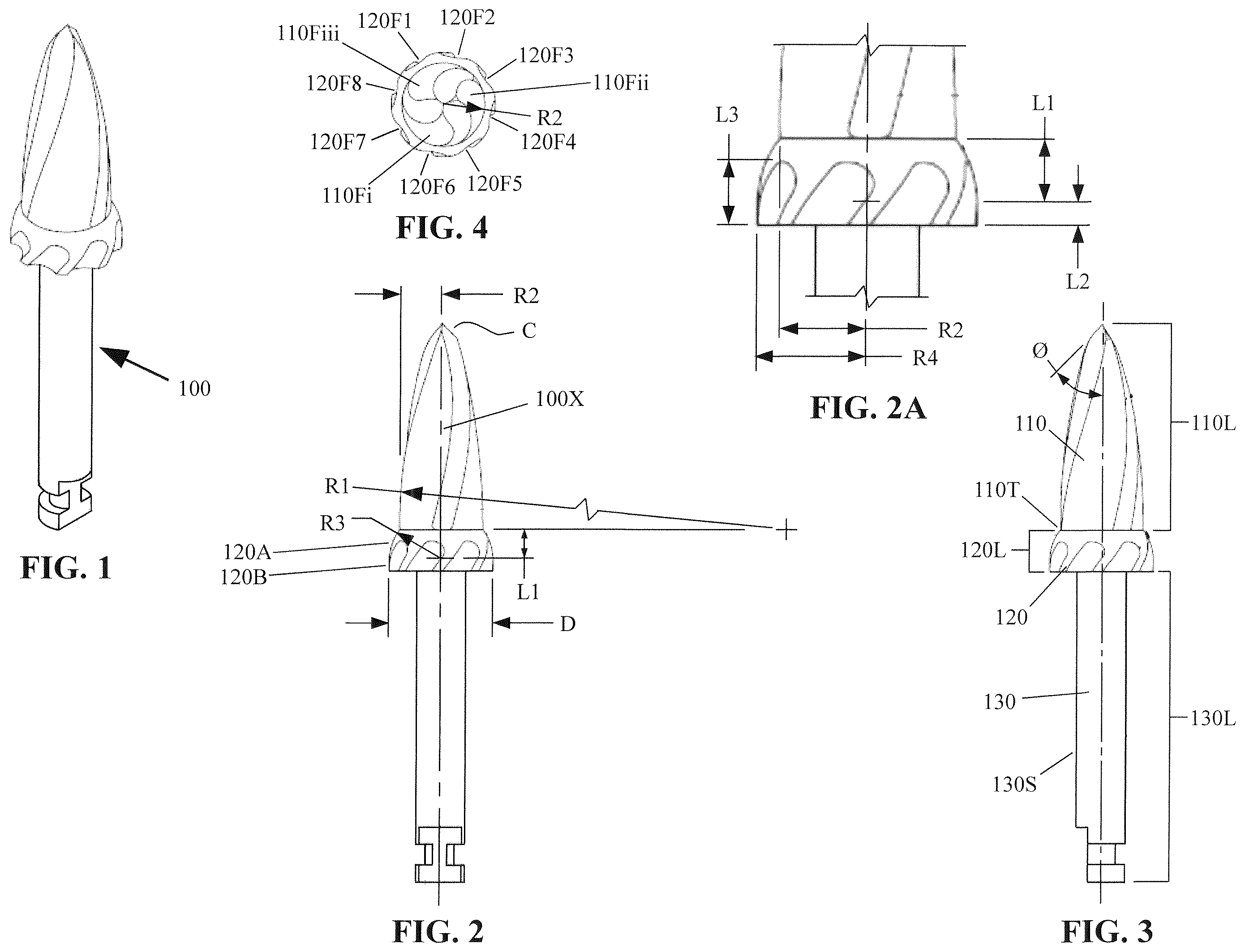 Patent US12167951 Figure 1 – Osteotomy drill bit to produce an optimally shaped jawbone opening for a dental implant and abutment