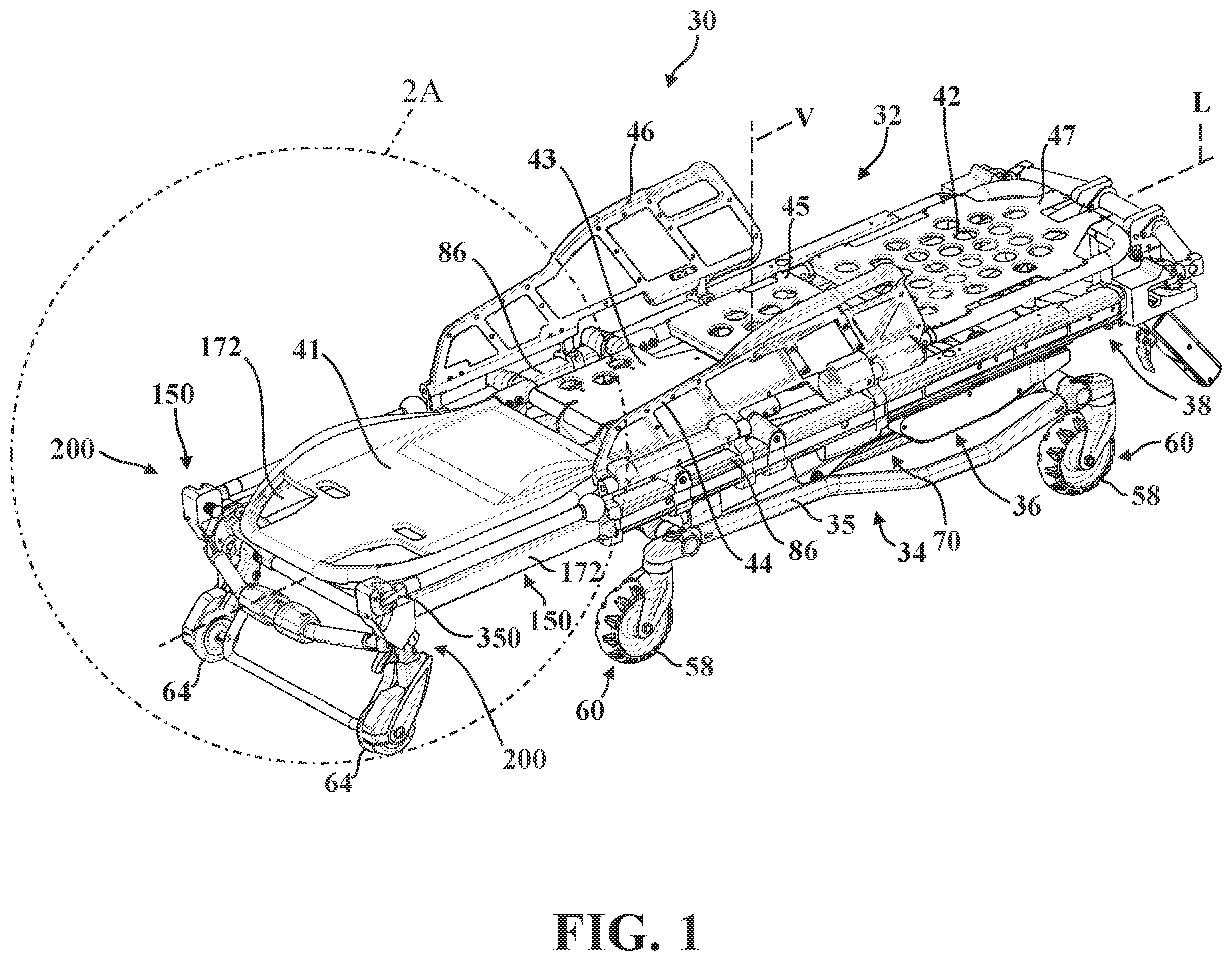 Patent US12167981 Figure 1 – Patient transport apparatus with adjustable handle