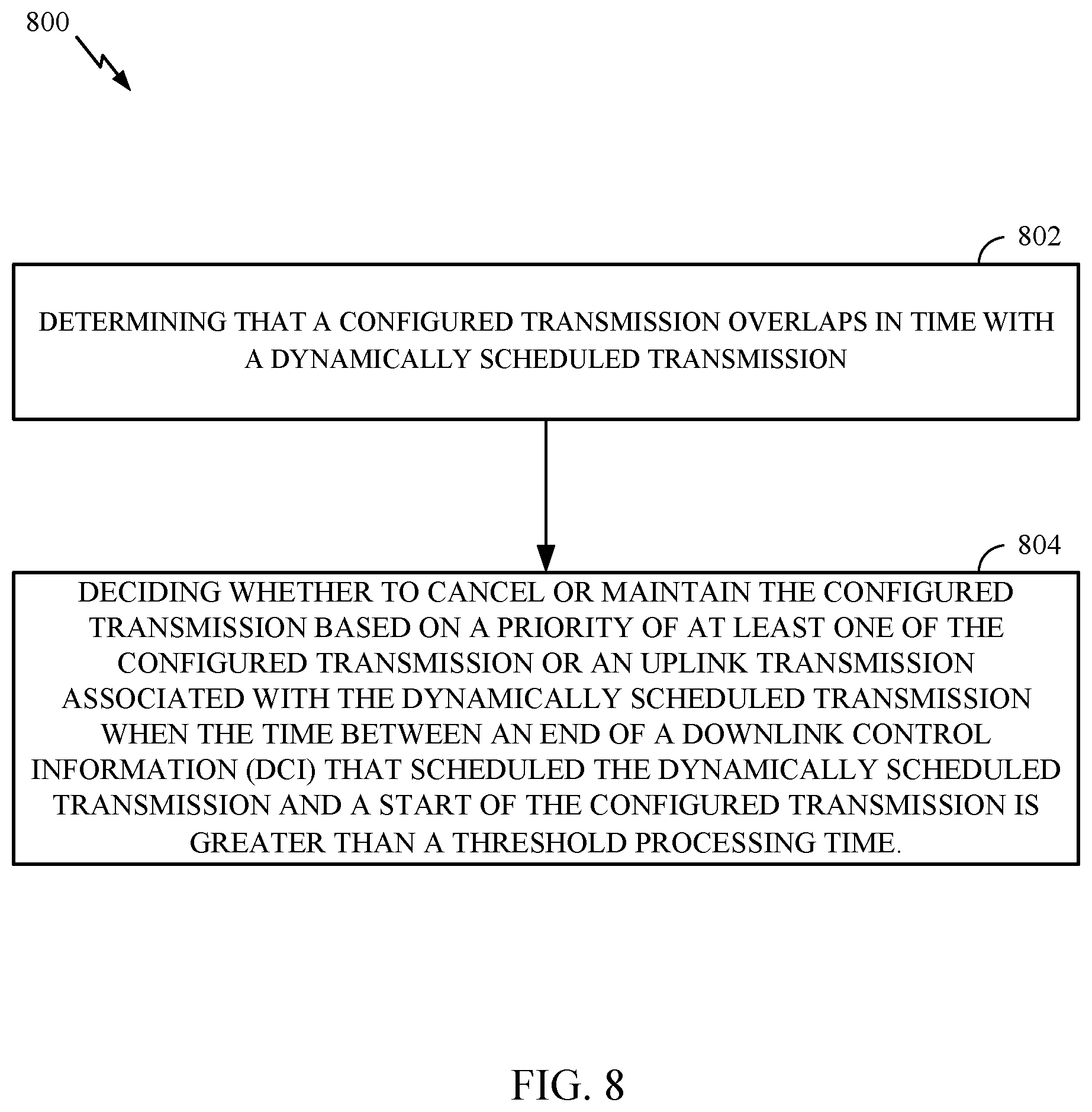 Patent US12171018 Figure 8 – Priority based decision for configured transmission cancellation by dynamic grant