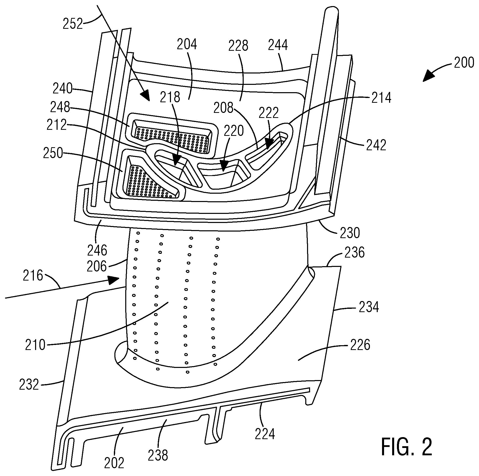 Patent US12173619 Figure 2 – Turbine component having platform cooling circuit