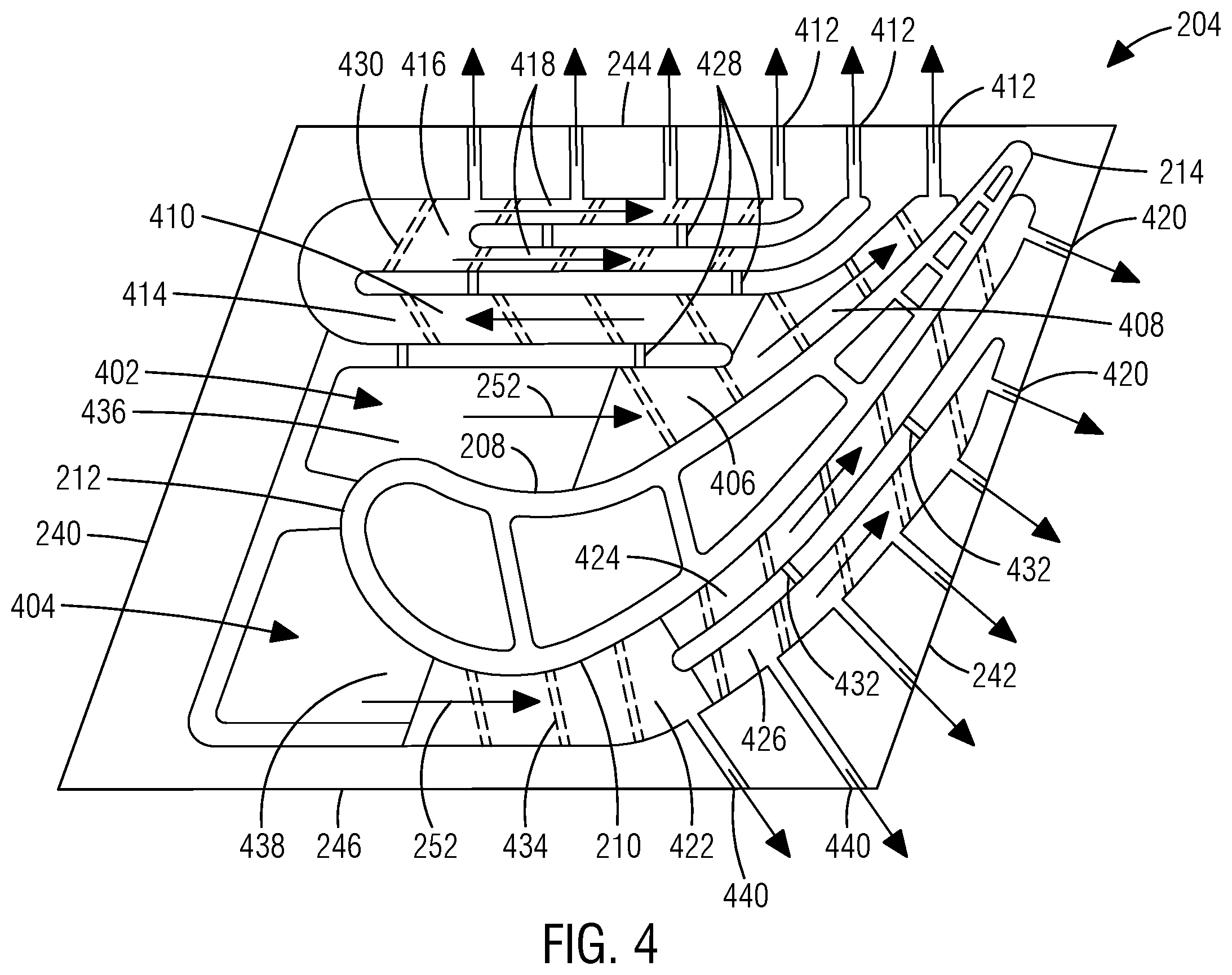 Patent US12173619 Figure 4 – Turbine component having platform cooling circuit