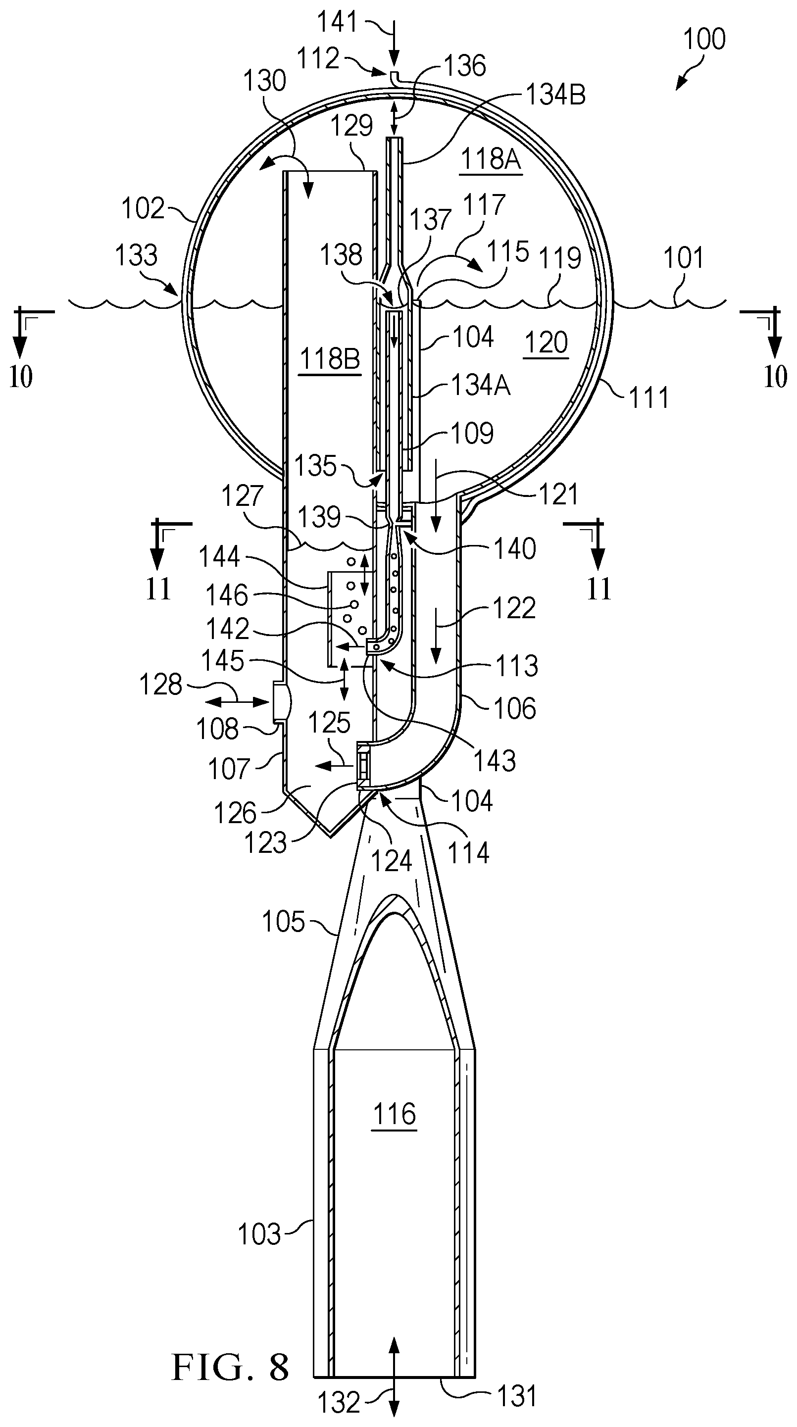 Patent US12173683 Figure 8 – Pressure-regulating hydrodynamic pump and wave engine