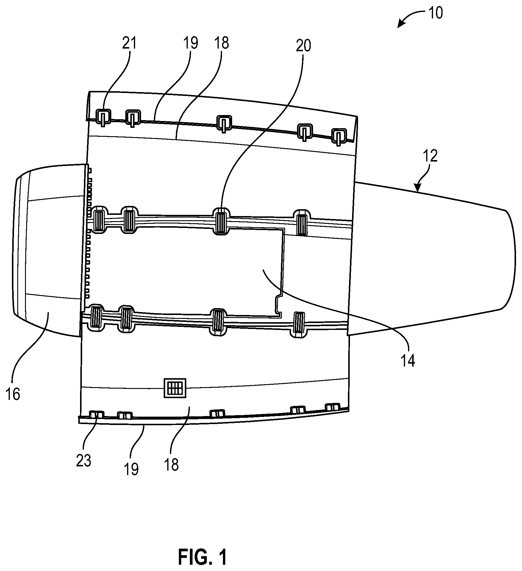 Patent US12173750 Figure 1 – Hinge for articulating two panels of an aircraft propulsion assembly