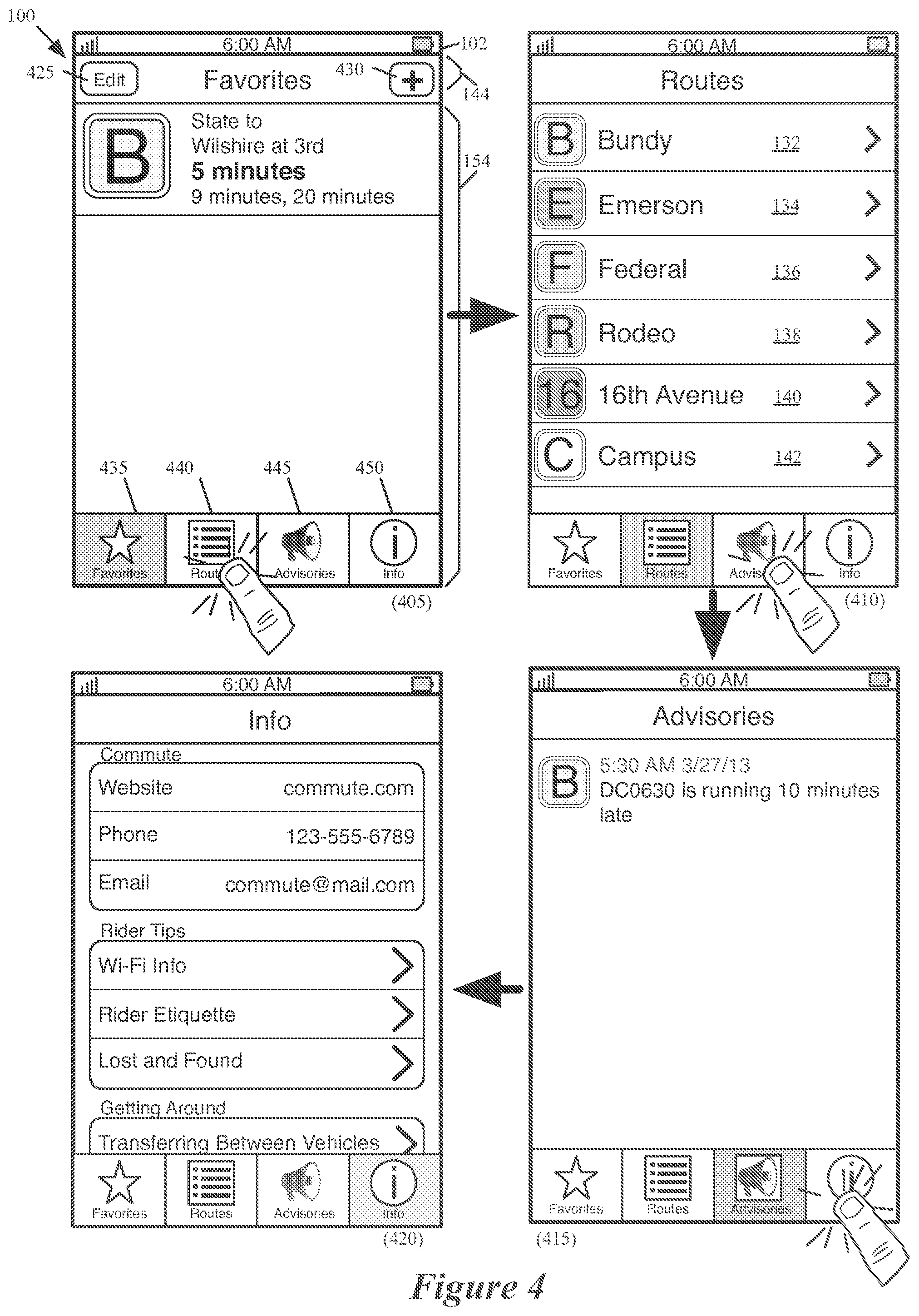 Patent US12174037 Figure 4 – Location-based features for commute assistant