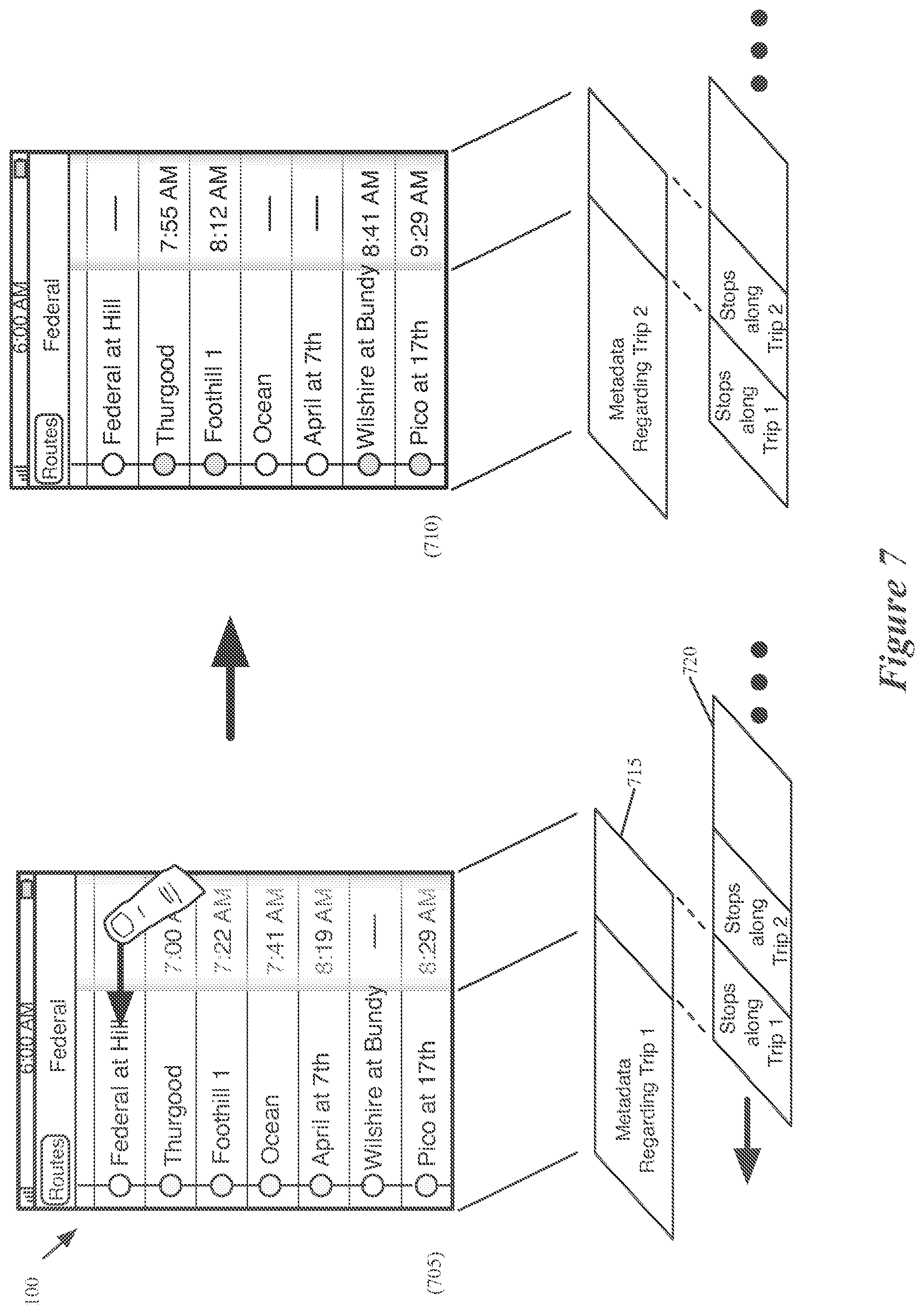 Patent US12174037 Figure 7 – Location-based features for commute assistant