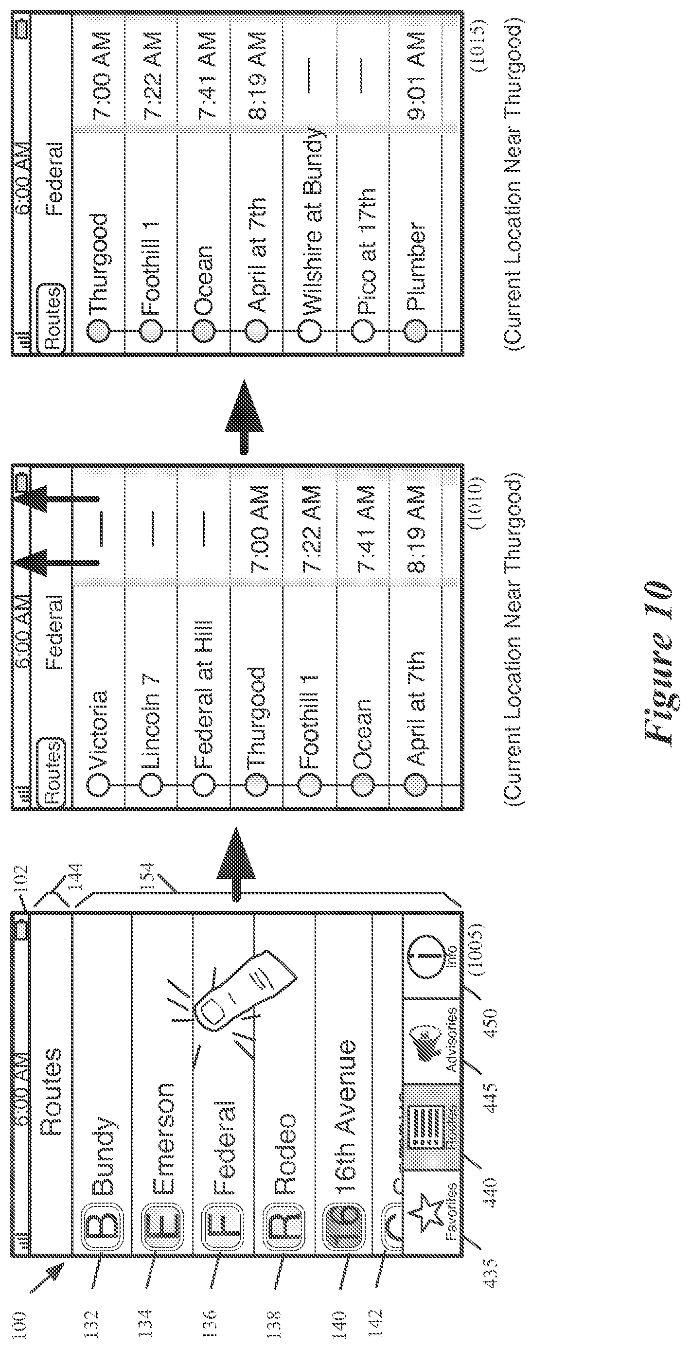Patent US12174037 Figure 10 – Location-based features for commute assistant