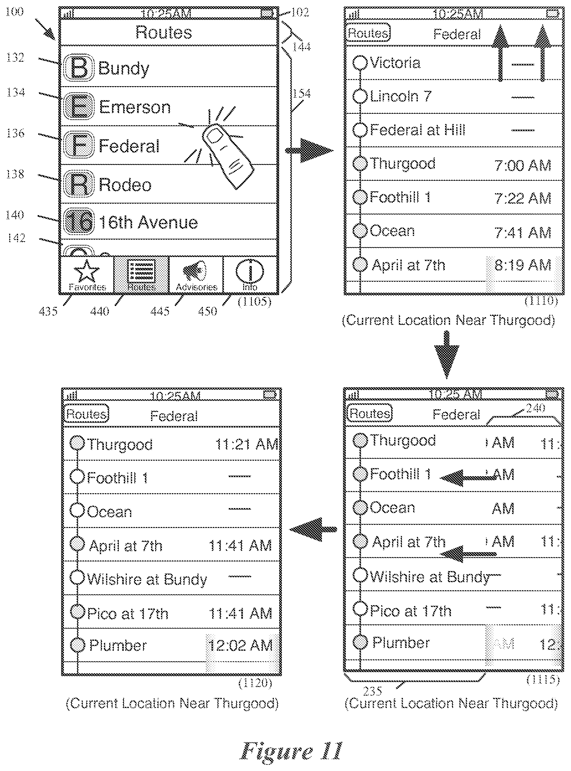 Patent US12174037 Figure 11 – Location-based features for commute assistant
