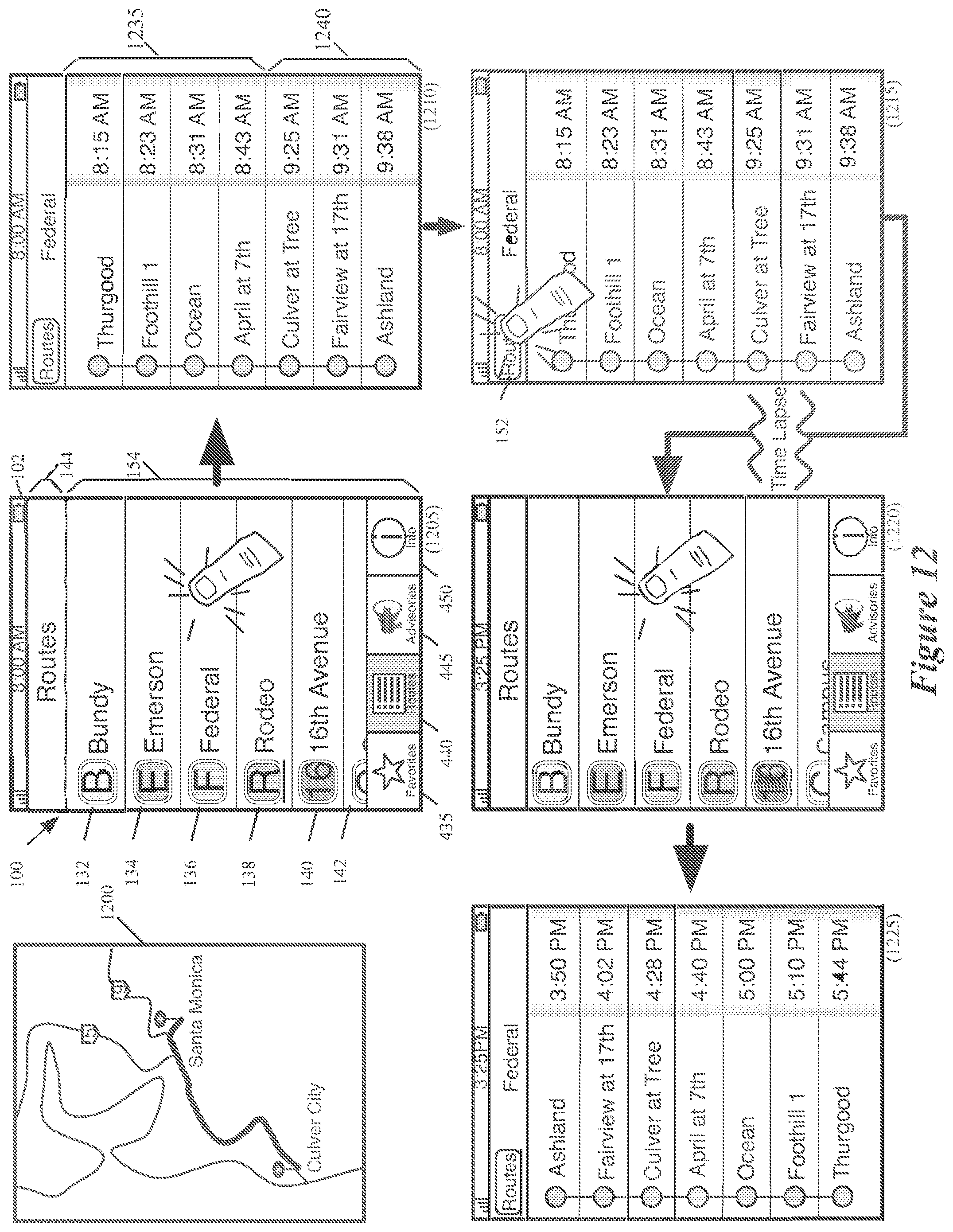 Patent US12174037 Figure 12 – Location-based features for commute assistant