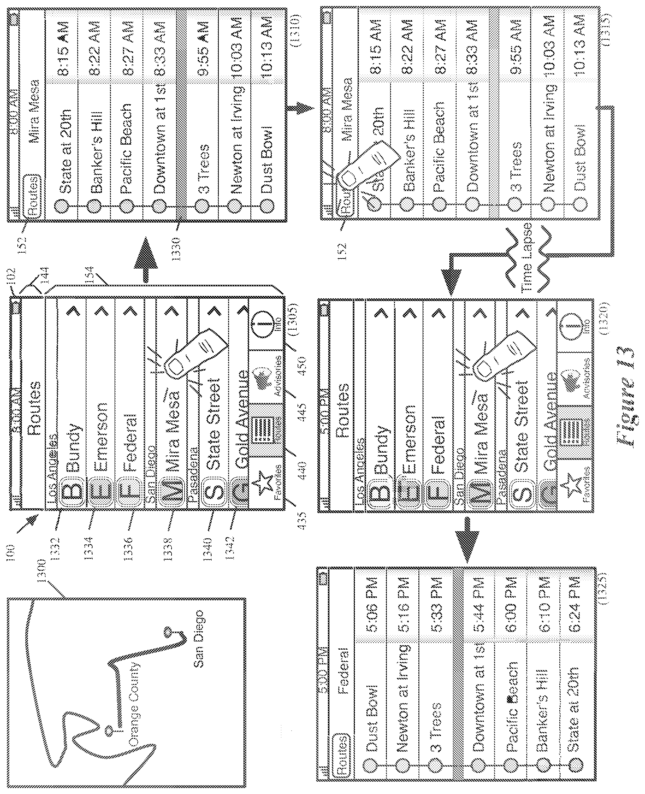 Patent US12174037 Figure 13 – Location-based features for commute assistant