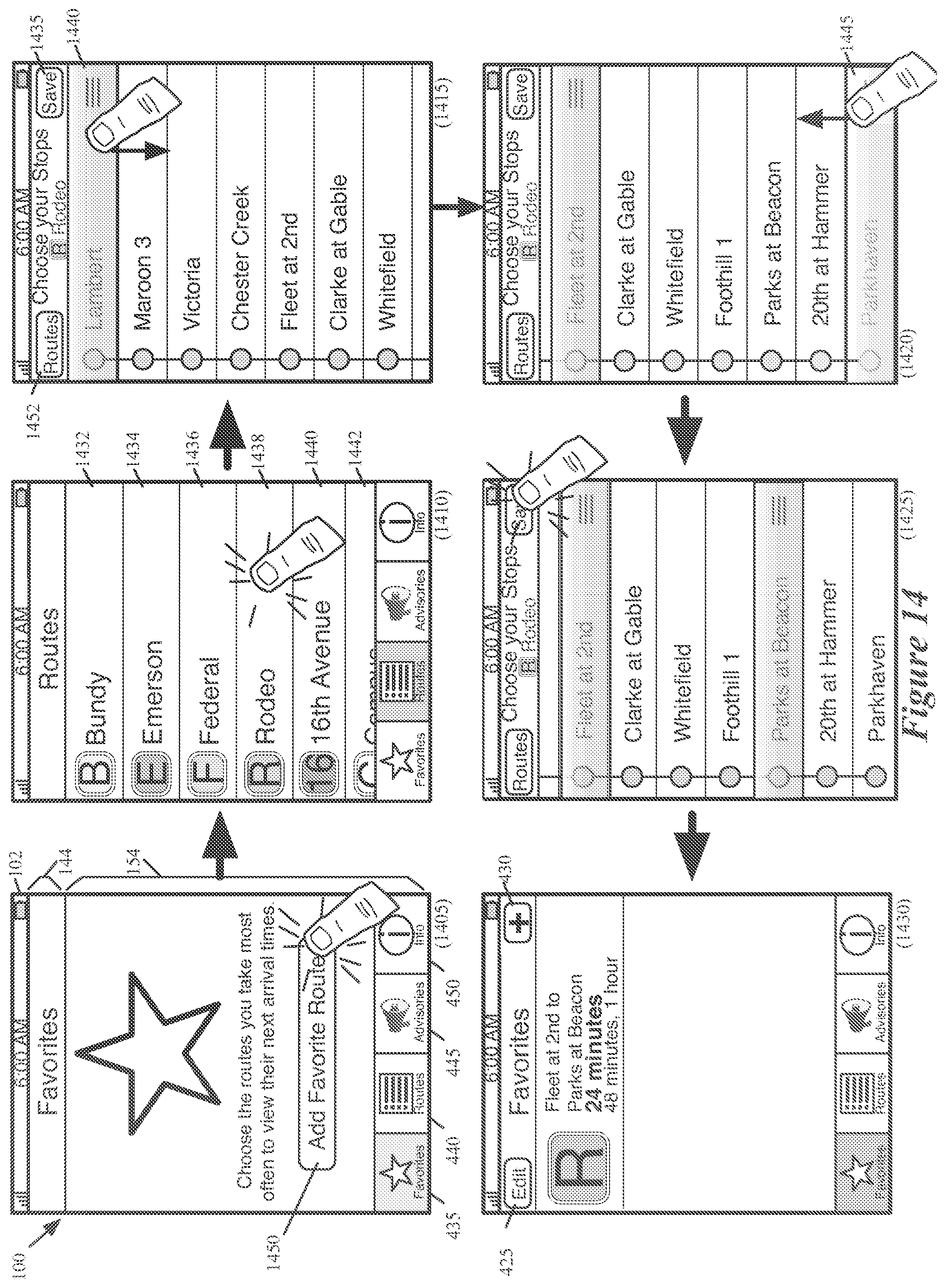 Patent US12174037 Figure 14 – Location-based features for commute assistant