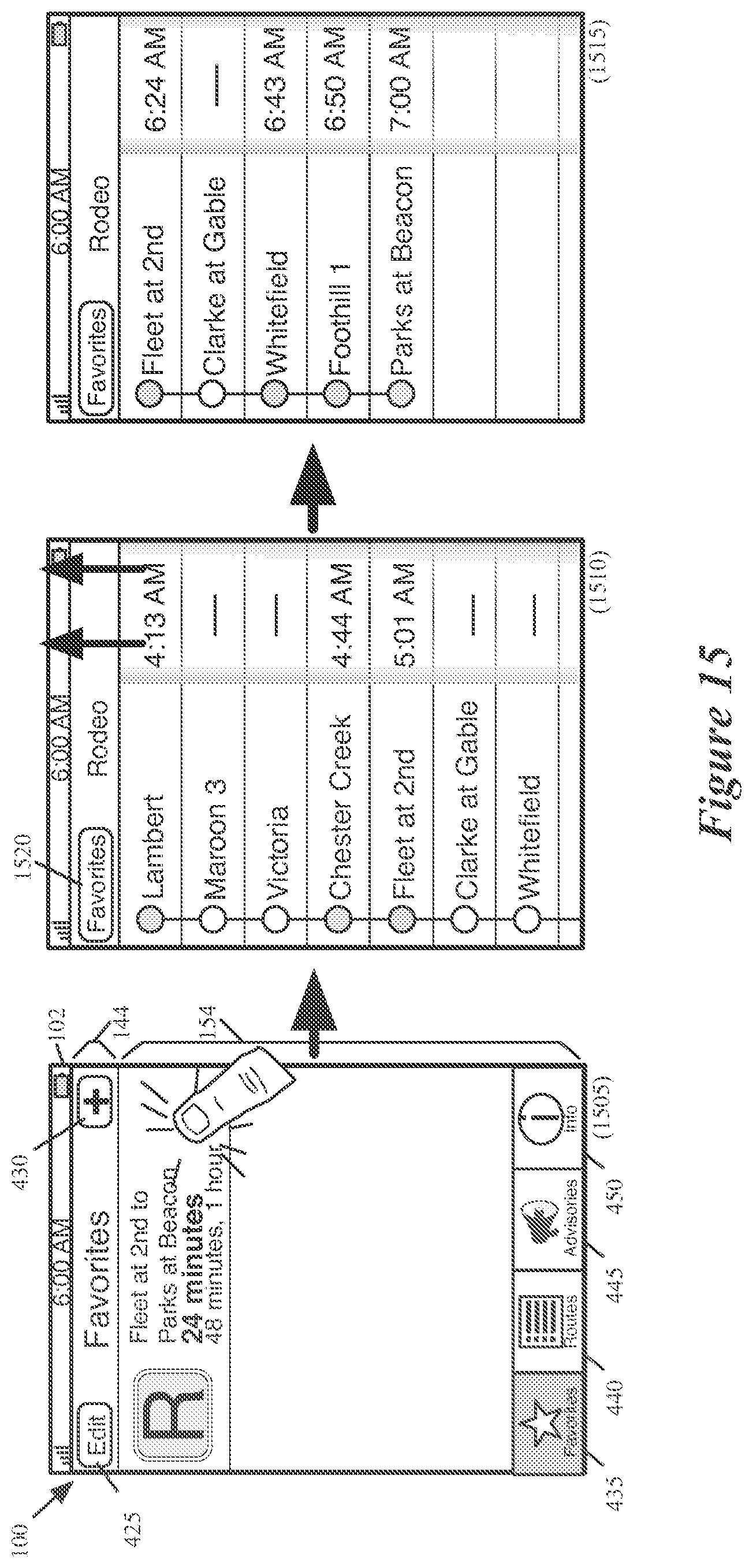 Patent US12174037 Figure 15 – Location-based features for commute assistant