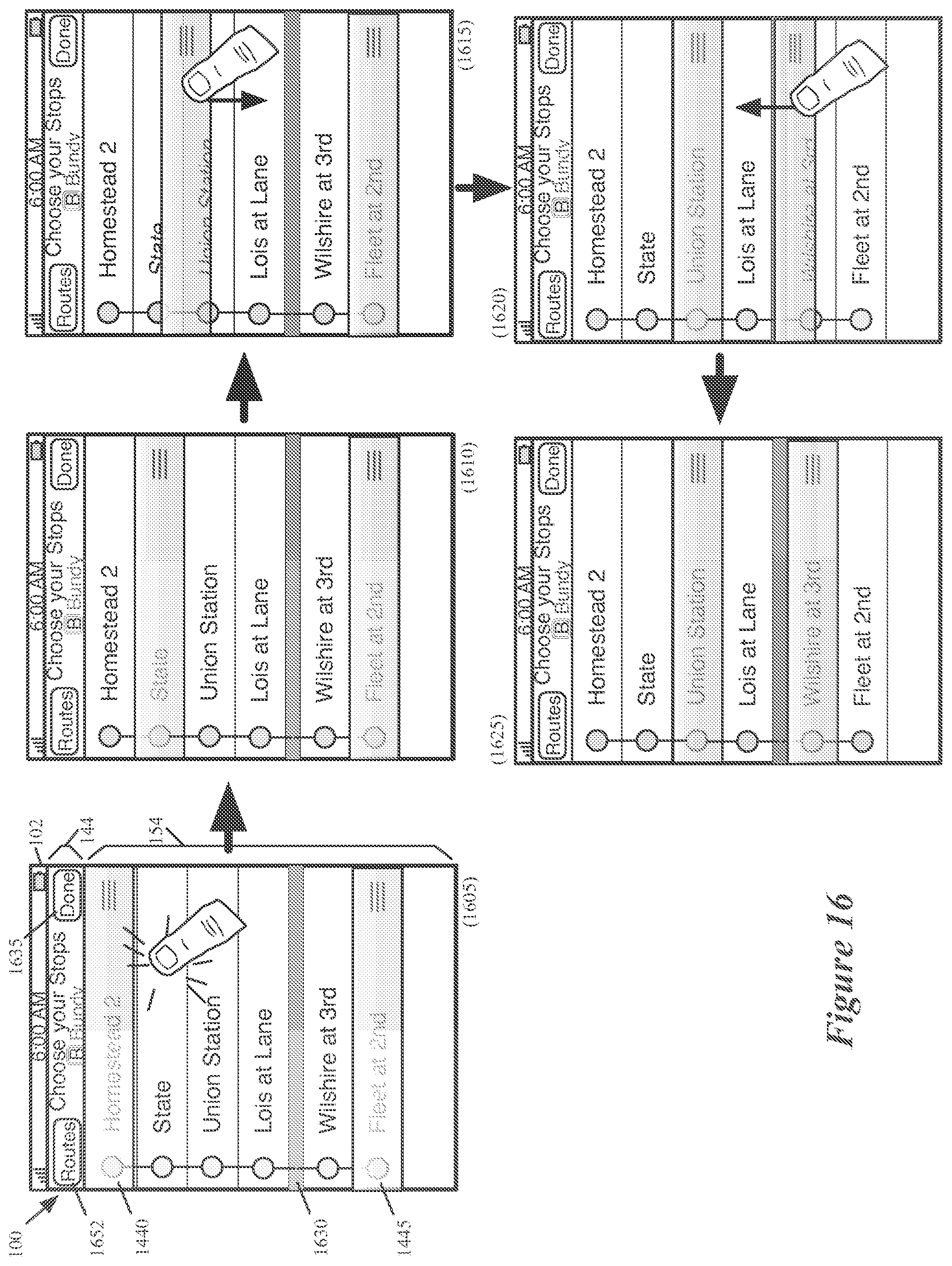Patent US12174037 Figure 16 – Location-based features for commute assistant