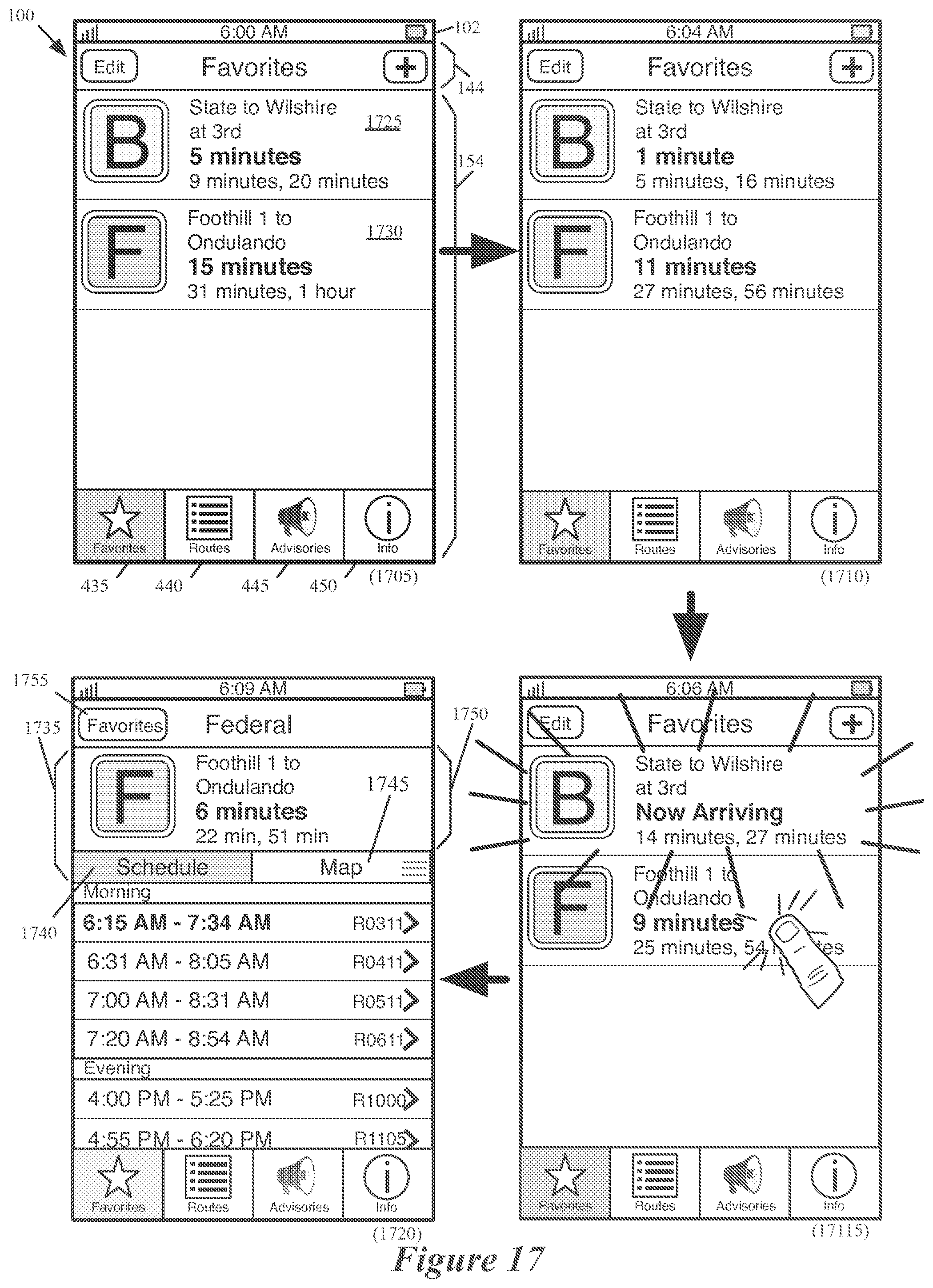 Patent US12174037 Figure 17 – Location-based features for commute assistant