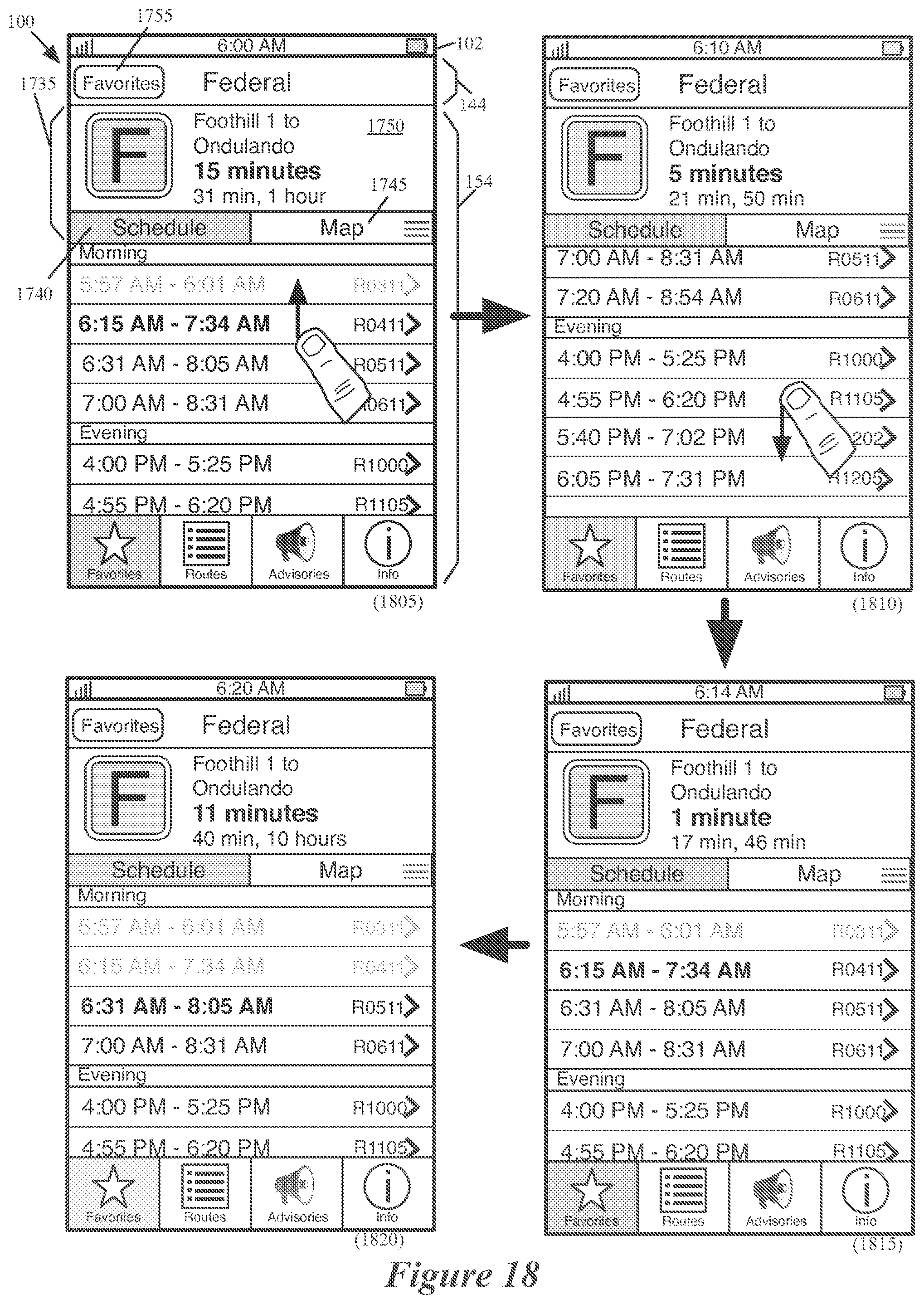 Patent US12174037 Figure 18 – Location-based features for commute assistant