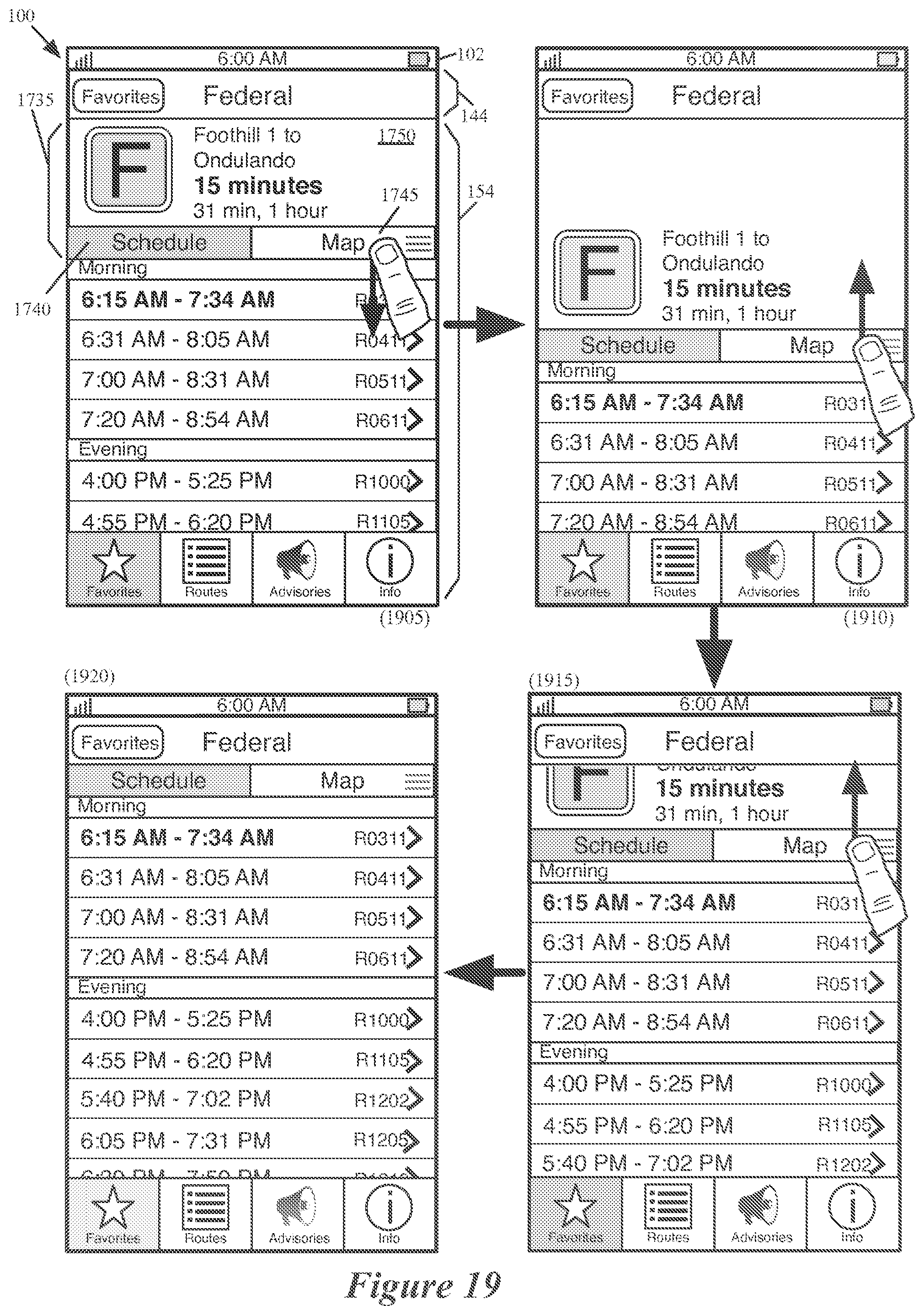 Patent US12174037 Figure 19 – Location-based features for commute assistant