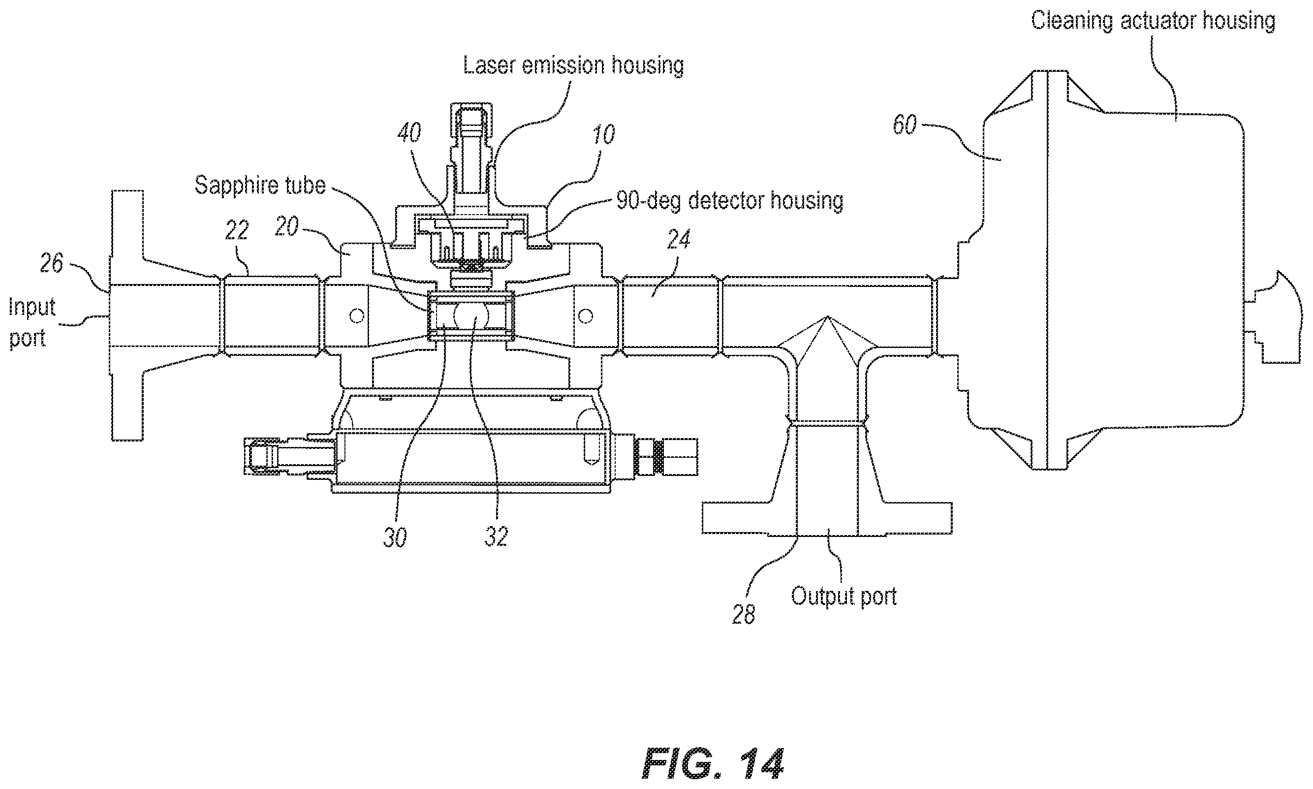 Patent US12174117 Figure 14 – Fluorescence and scatter and absorption spectroscopic apparatus with a sapphire tube and method for analyzing inline low level hydrocarbon in a flow medium