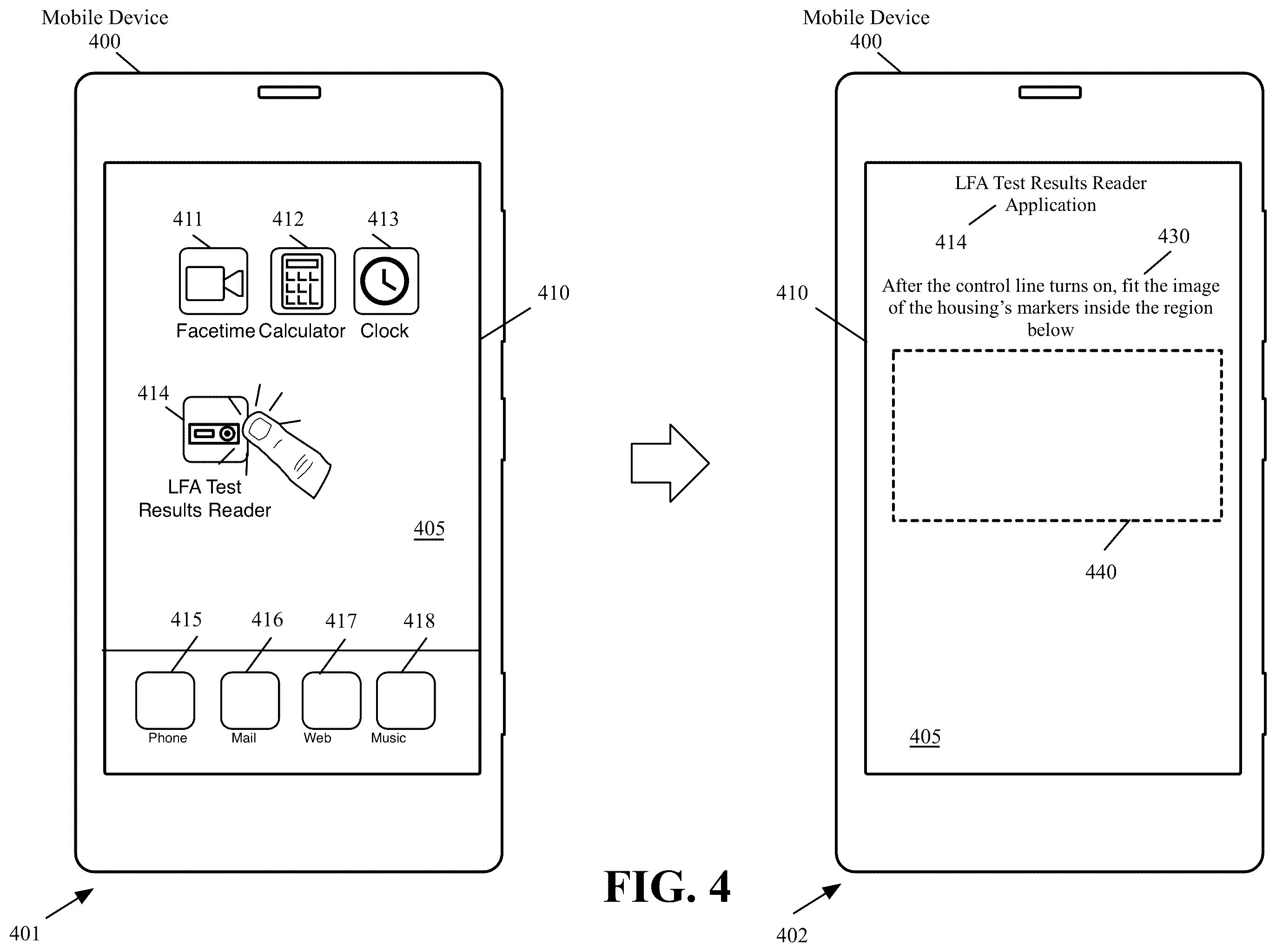 Patent US12174123 Figure 4 – Lateral flow assay housing and method of correcting color, intensity, focus, and perspective of an image of the test results