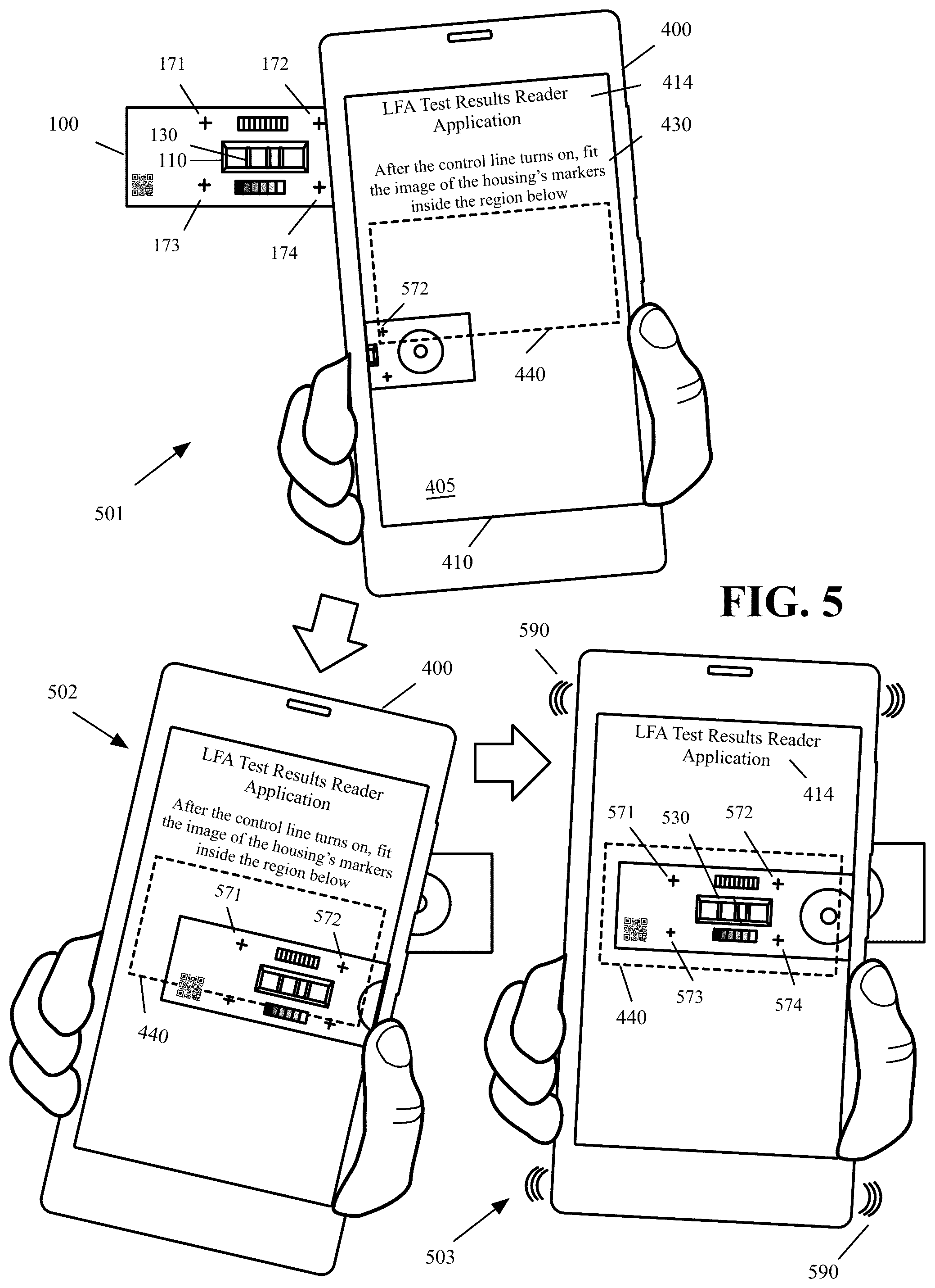 Patent US12174123 Figure 5 – Lateral flow assay housing and method of correcting color, intensity, focus, and perspective of an image of the test results