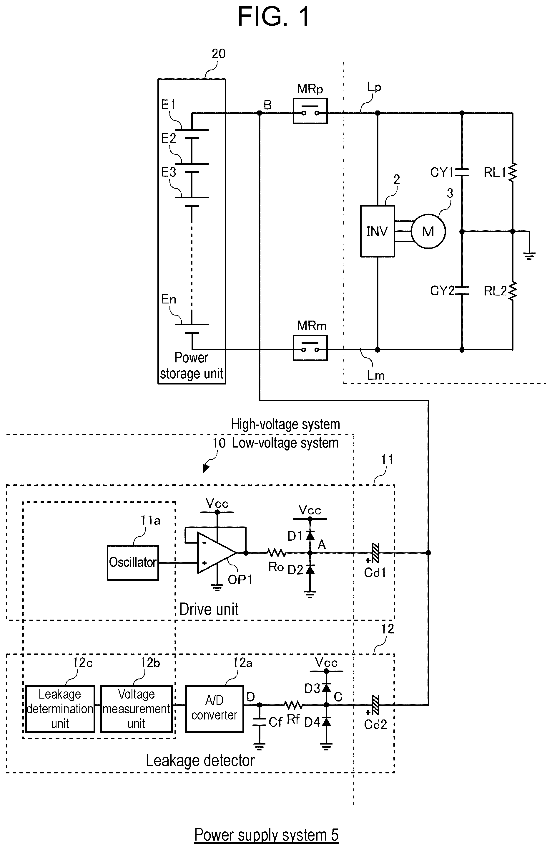 Patent US12174230 Figure 1 – Electricity leakage detection device and vehicle power supply system