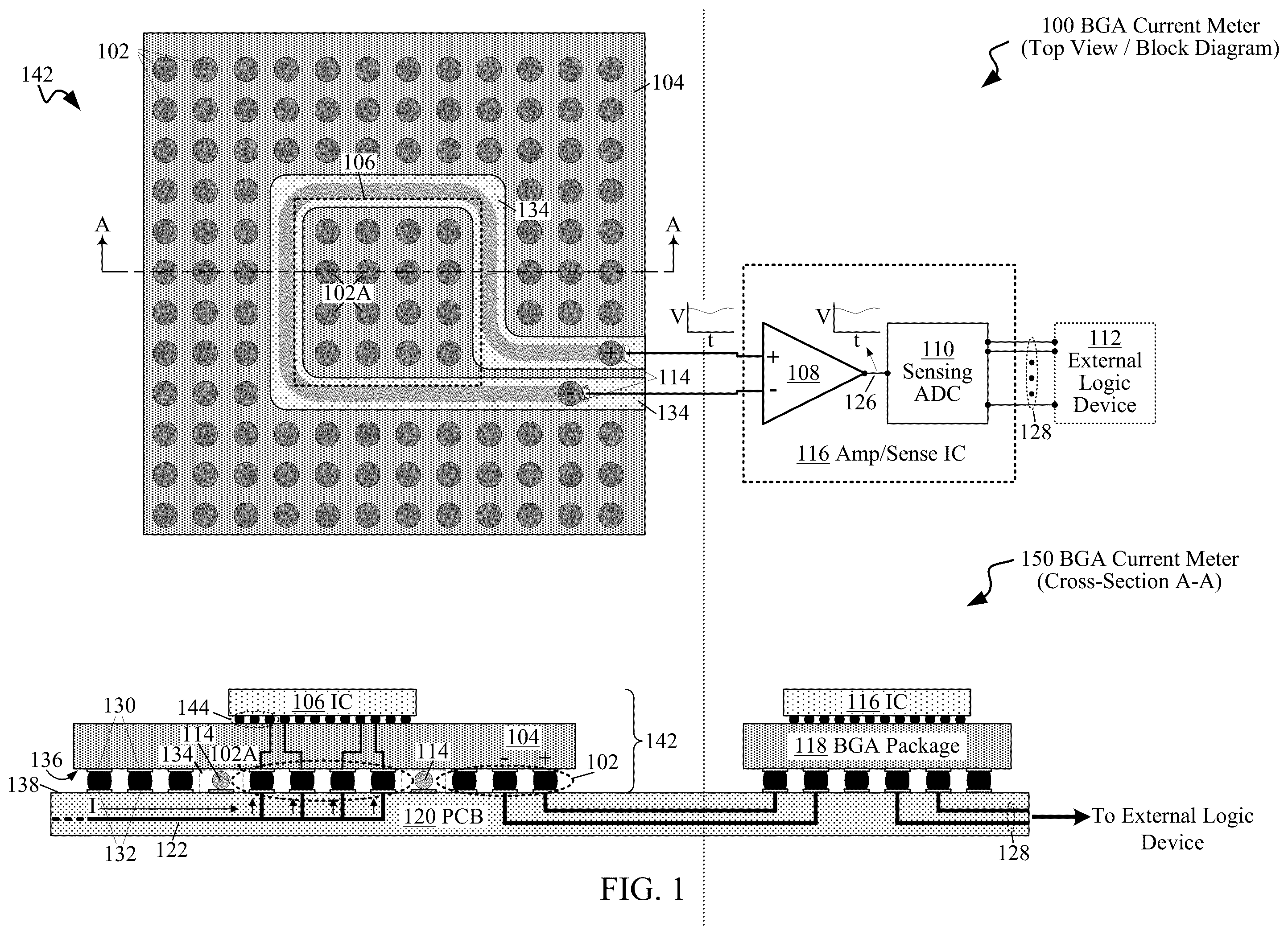 Patent US12174240 Figure 1 – Ball grid array current meter with a current sense wire
