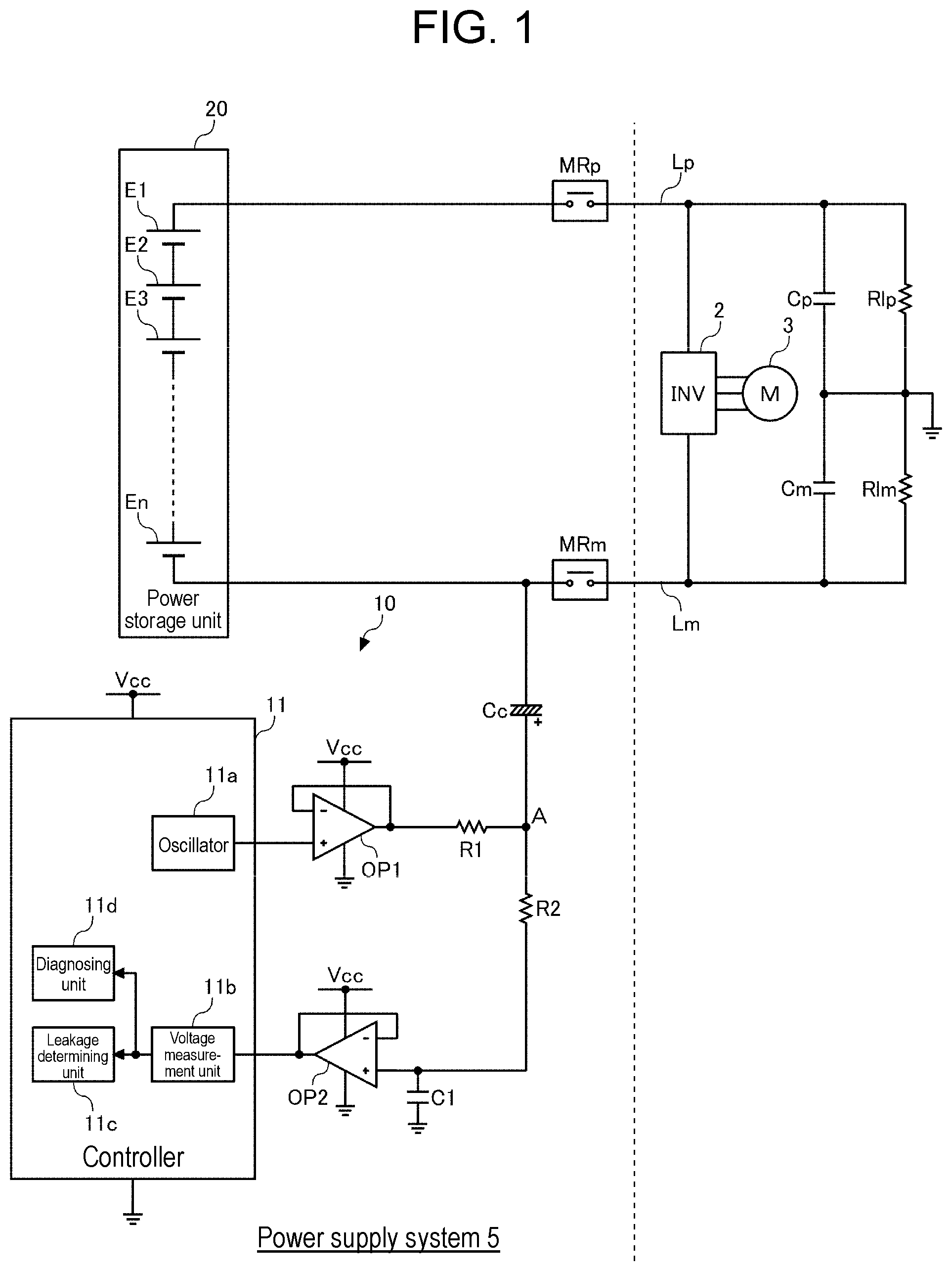 Patent US12174267 Figure 1 – Earth leakage detecting device, and vehicular power supply system
