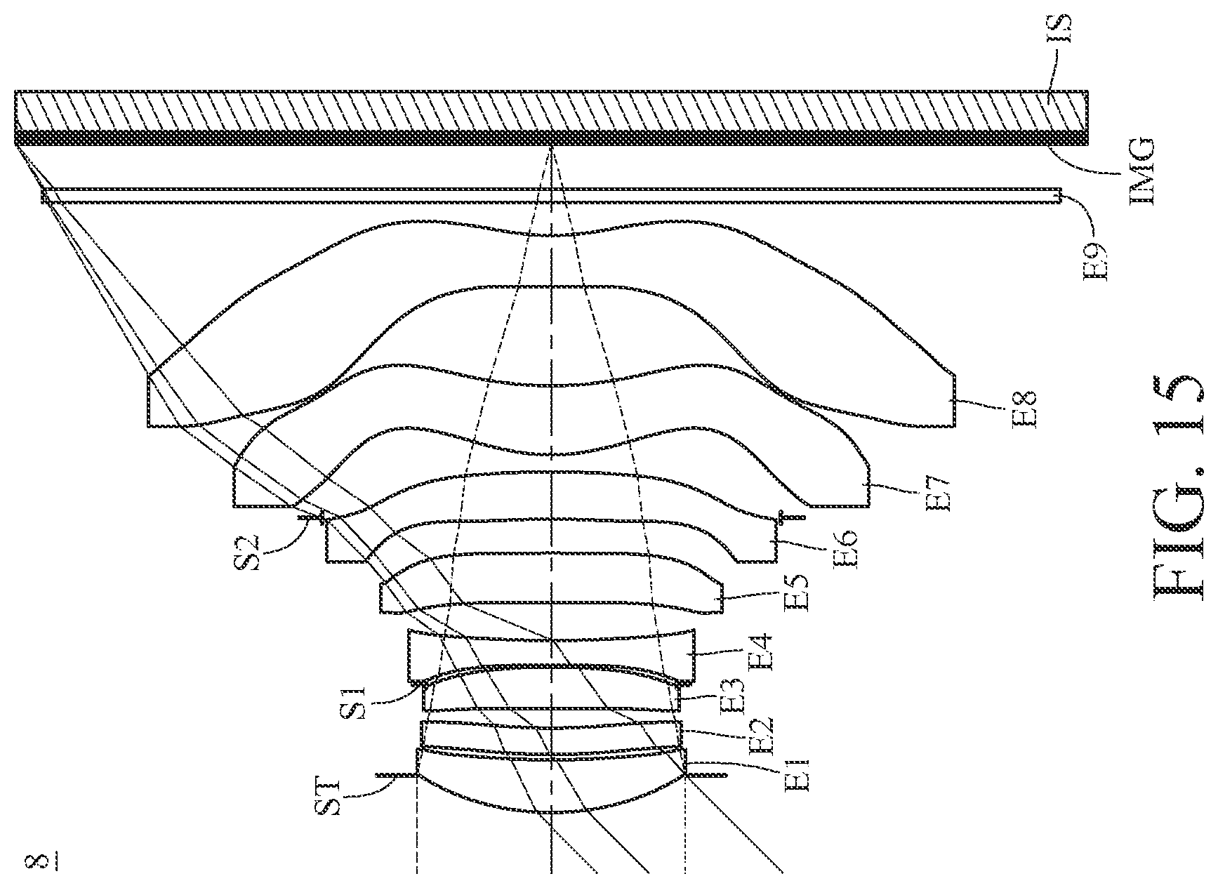 Patent US12174349 Figure 15 – Imaging optical lens system including eight lenses of +−+−−++−, +−+−+−+−, +−+++−+− or +−+−−−+− refractive powers, image capturing unit and electronic device
